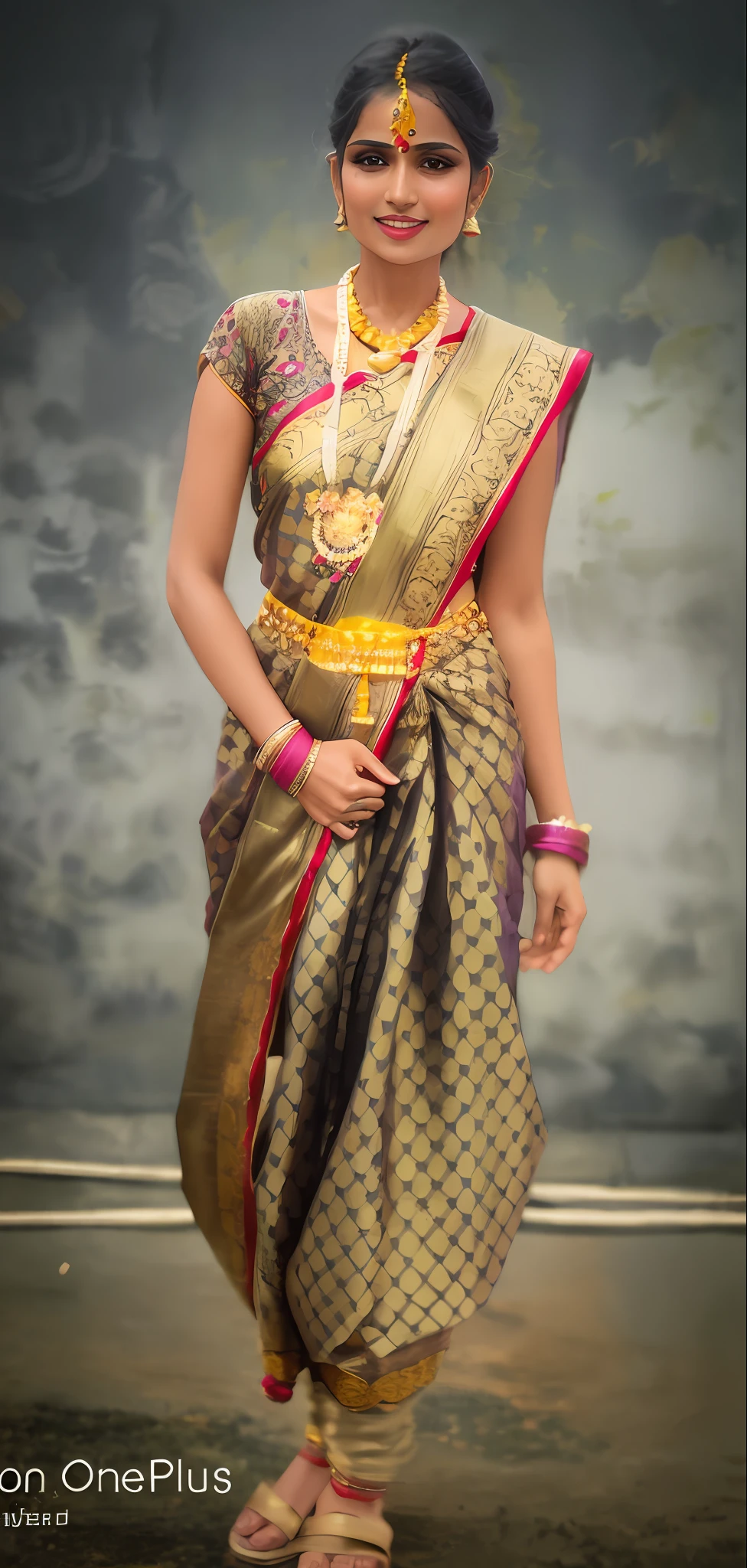 arafed woman in traditional attire posing for a picture, dressed in a sari, traditional beauty, wearing sari, wearing a sari, sari, idian dress, indian style, very beautiful enga style, draped in silky purple and gold, draped in purple and gold silk, traditional, wearing a steampunk sari, dramatic smile pose intricate, indian goddess, traditional dress