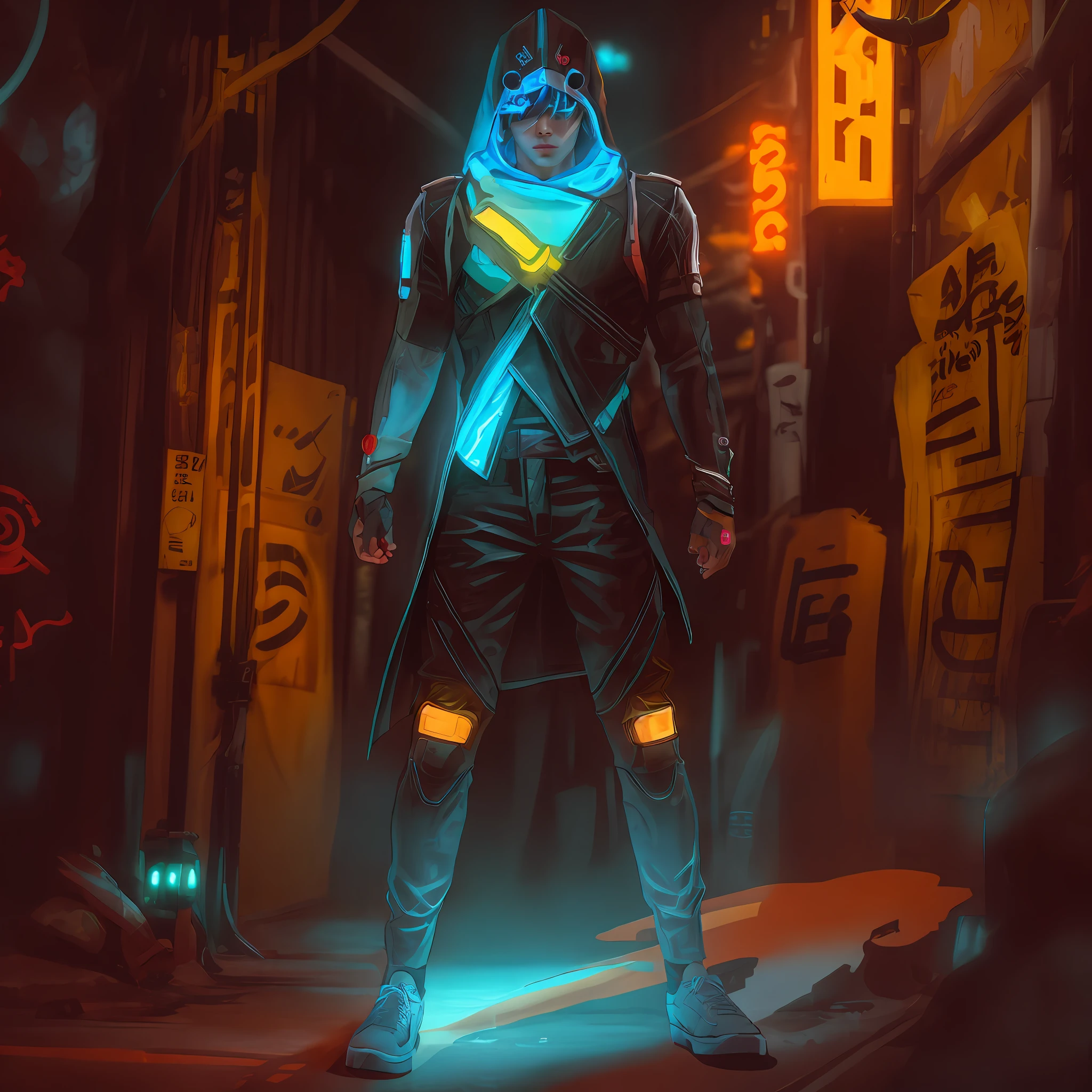 boy, standing on the street, cyberpunk 2077, complex background, night, neon lights, dramatic light