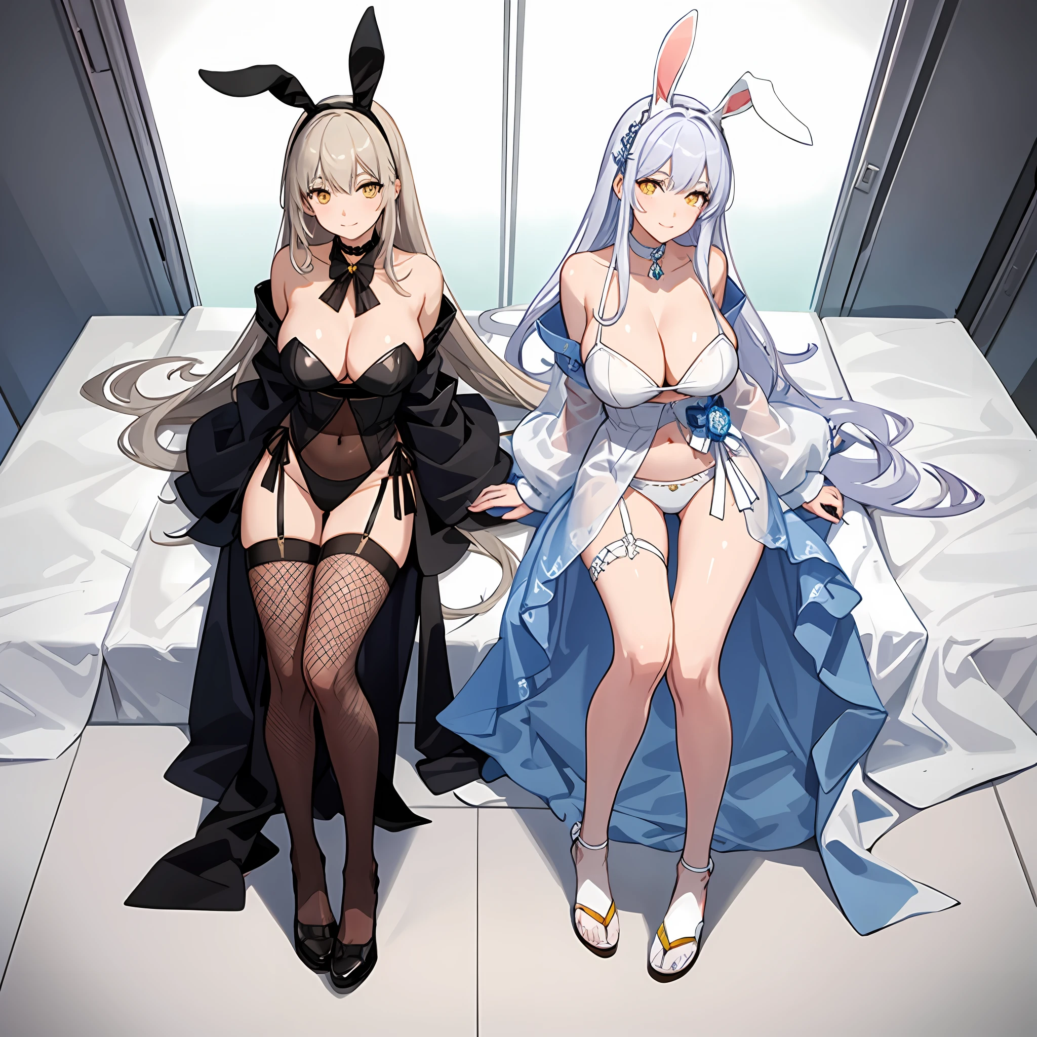 Blank\(Japanese post),a playboy bunny,Rabbit ears,lacepantyhose,fishnet stockings,white straitjacket,long white hair,Yellow eyes,fishing nets,tiese,
(huge tit:1.2,The upper part of the body,from the above,Carmelto,)white panties,
jewely,hands on the chest,ssee-through,looking at viewert,hair adornments,choker necklace,is shy,ssmile,
(tmasterpiece,top-quality,best qualityer,offcial art,Beauty and aesthetics:1.2),(3个女孩),extremedetailed,rich colourful,highest details,
Flooring,Hotel