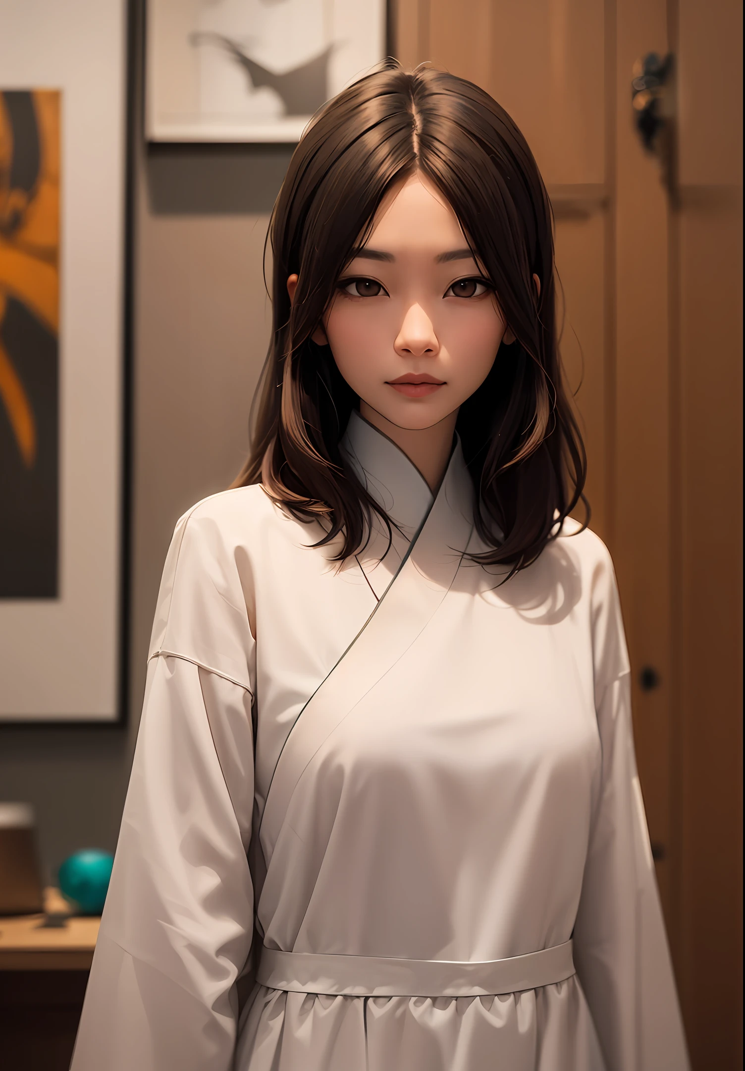 oriental face，Thick dark brown curls，Chinese-British mixed，黑The eye，Tall nose，Pink lips，dimple，bit girl，tmasterpiece，oil painted，The upper part of the body