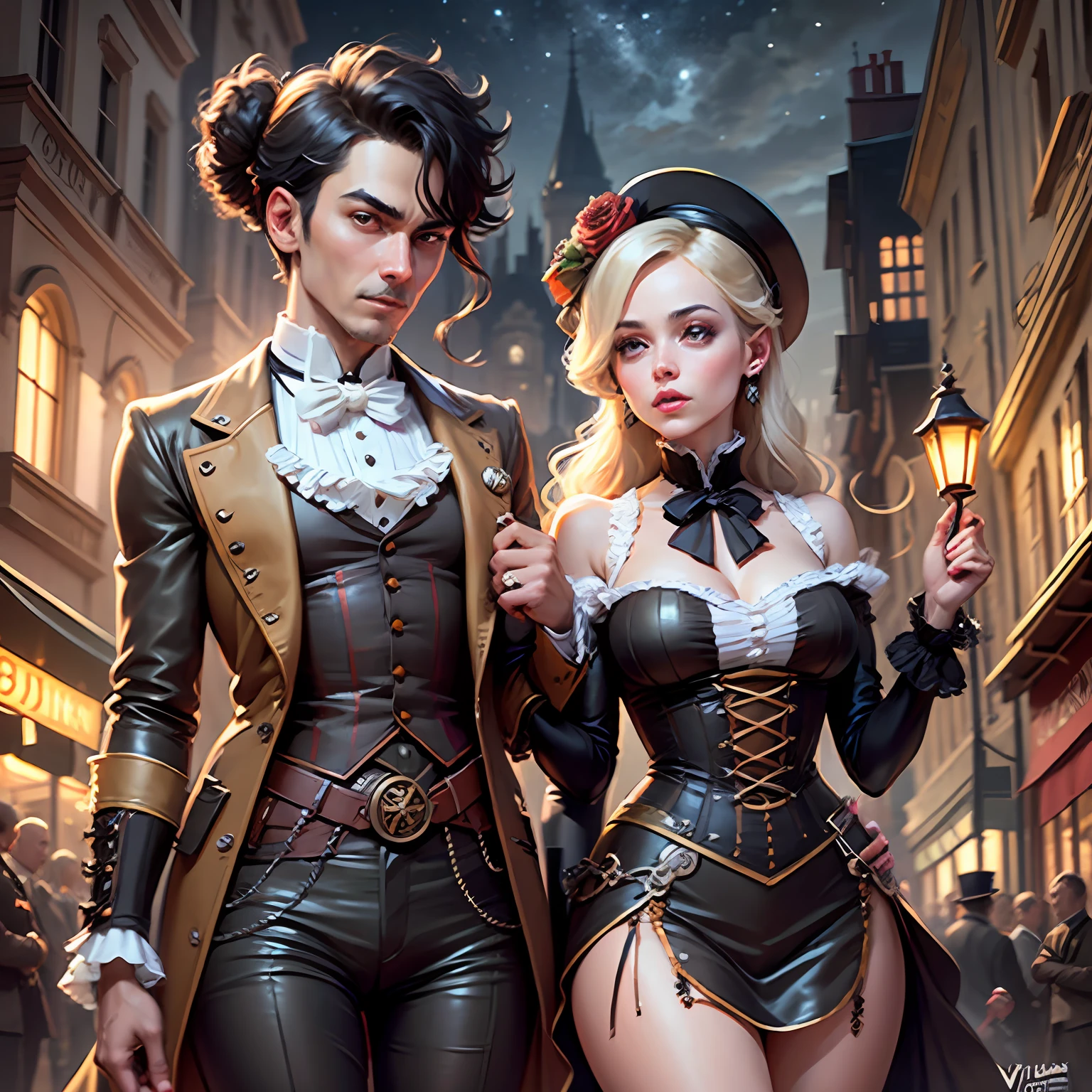 Uma imagem de um investigador steampunk, vestido com um elegante e intrigante traje de detetive steampunk, Unraveling mysteries in a whimsical and elaborate Victorian-steampunk cityscape at night. A cena combina o charme da era vitoriana com elementos steampunk imaginativos. --auto --s2