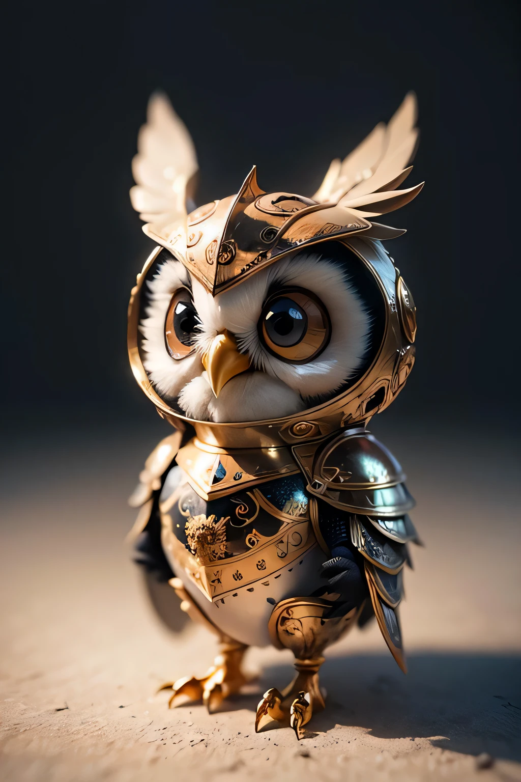 3dcreature cute owl wearing knight armor with detailed floral ornament, beak, 1boy, big eyes, chibi, Photorealistic, Hyperrealistic, Hyperdetailed, analog style, hip cocked, demure, low cut, black lace, detailed skin, matte skin, soft lighting, subsurface scattering, realistic, heavy shadow, masterpiece, best quality, ultra realistic, 8k, golden ratio, Intricate, High Detail, film photography, soft focus