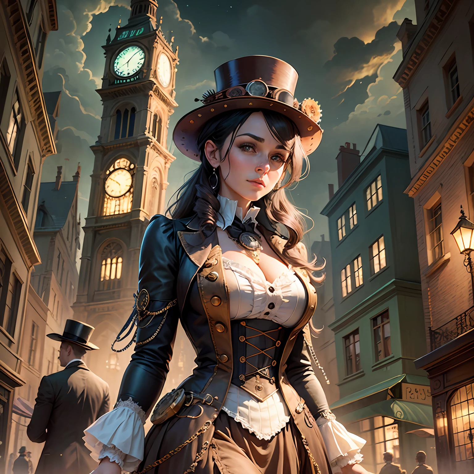 Uma imagem de um investigador steampunk, vestido com um elegante e intrigante traje de detetive steampunk, Unraveling mysteries in a whimsical and elaborate Victorian-steampunk cityscape at night. A cena combina o charme da era vitoriana com elementos steampunk imaginativos. --auto --s2