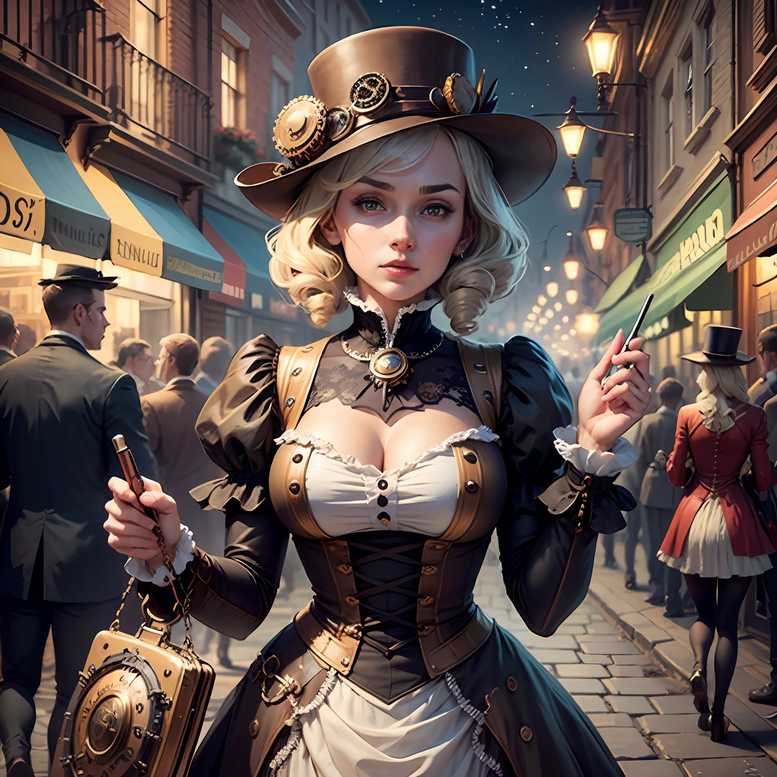 Uma imagem de um investigador steampunk, vestido com um elegante e intrigante traje de detetive steampunk, Unraveling mysteries in a whimsical and elaborate Victorian-steampunk cityscape at night. A cena combina o charme da era vitoriana com elementos steampunk imaginativos. --auto --s2