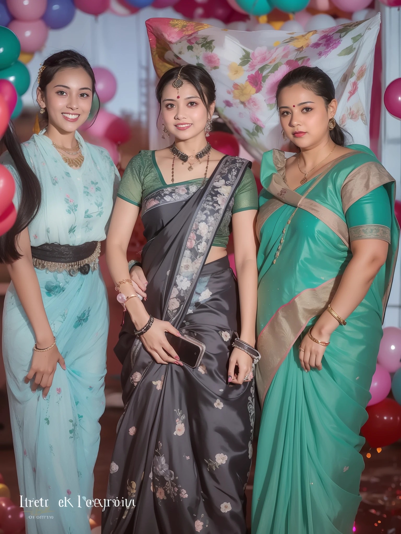 three women in saris posing for a picture in front of balloons, event photography, centre image, candid photography, candid photograph, candid picture, edited, photo taken in 2 0 2 0, college party, student, 1614572159, young women, very very low quality picture, party, fashion show, in group photograph