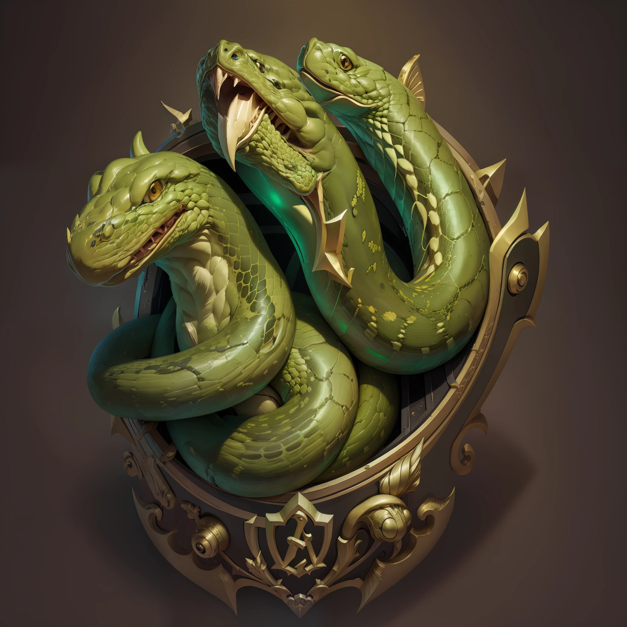 Simple and smooth coat of arms with green snake, prata, for security company, parte interna lisa, fundo liso, brilhante, correntes pratas, correntes, enquadrado
