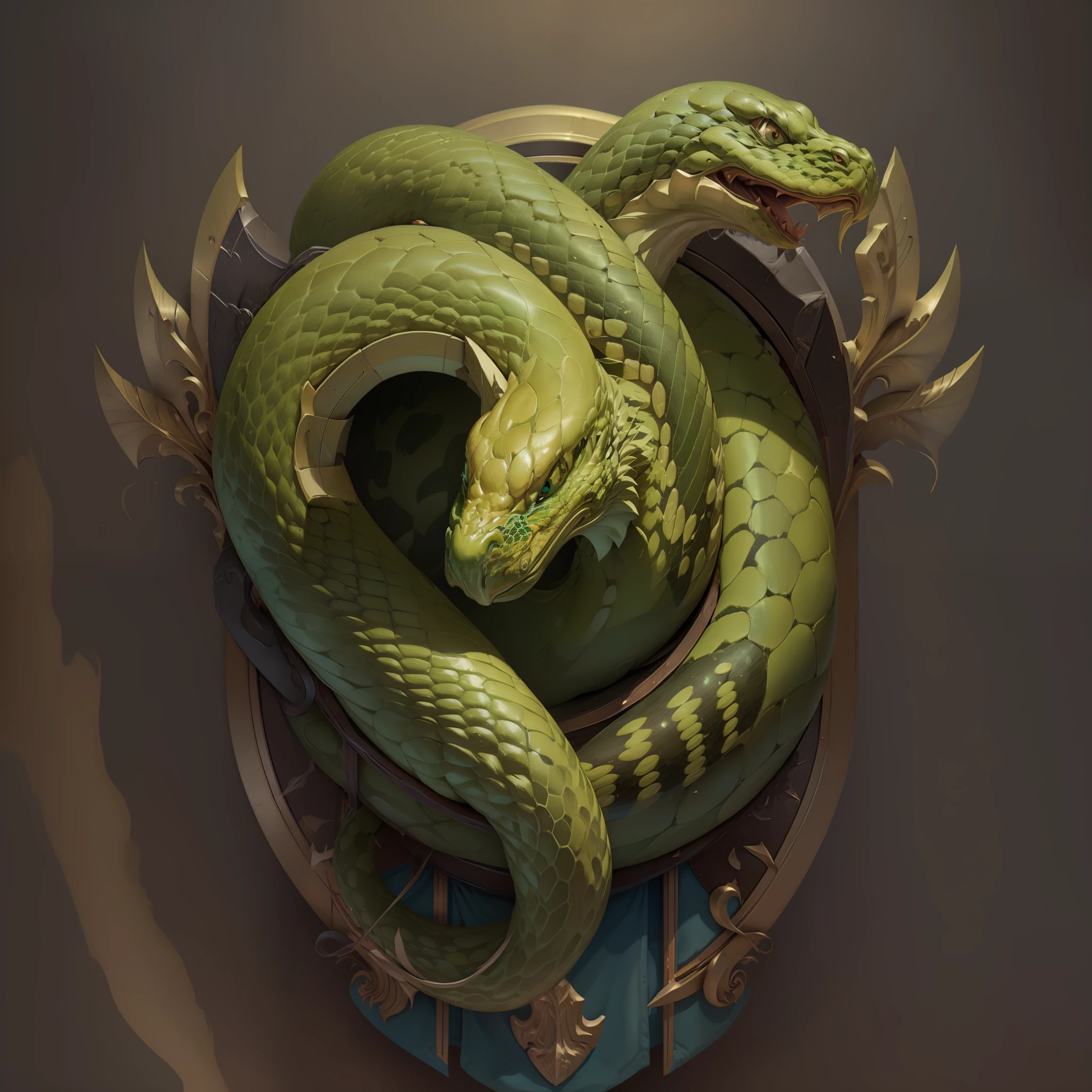 Simple and smooth coat of arms with green snake, prata, for security company, parte interna lisa, fundo liso, brilhante, correntes pratas, correntes, enquadrado