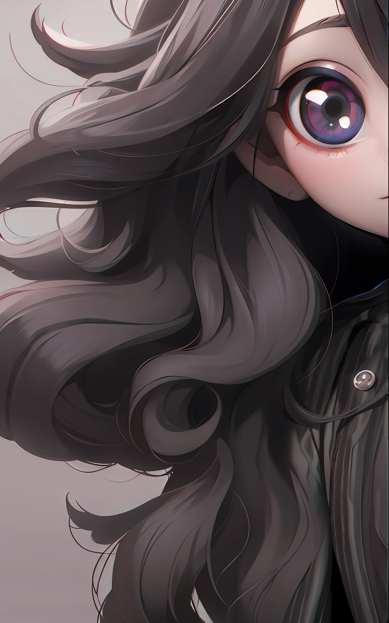 Menina anime com cabelo preto longo e olhos roxos brilhantes e saturado com uma jaqueta preta, Arte digital de Danganronpa, Ilya Kuvshinov com cabelo longo, Arte no estilo de Guweiz, sombreamento estilo anime plano, Artgerm. High detail, anime estilizado, anime estilizado, anime moe artstyle, estilo de arte loish, sem rosto