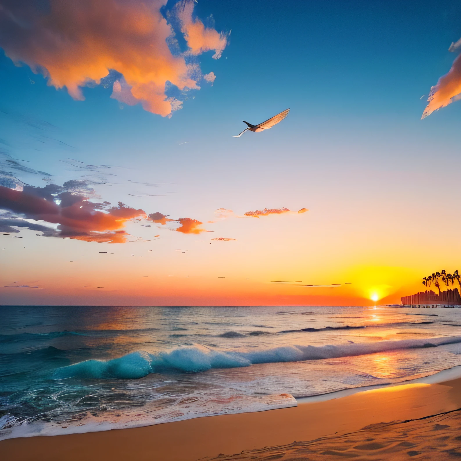 An absolutely mesmerizing sunset over the beach, with a blend of oranges, pinks, and yellows filling the sky. Crystal-clear waters of the sea gently kissing the shore, with sandy white beach stretching far and wide. The scene is dynamic and breathtaking, with seagulls soaring high in the sky and gently swaying palm trees. Take in the calming atmosphere and let the peacefulness wash over you.