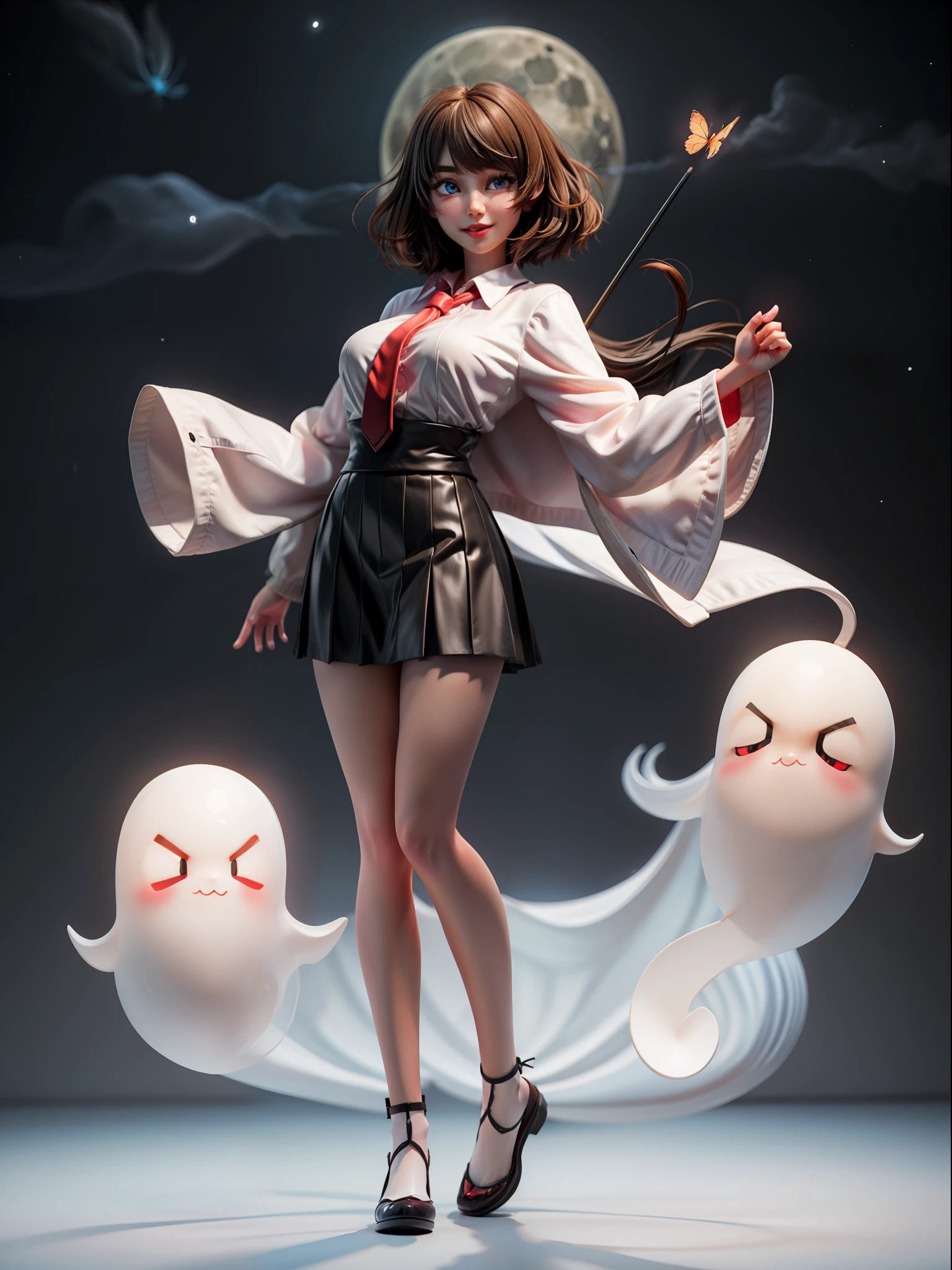 {((1 woman))}, {((wearing school suit with red skewer with tie, short black skirt, white stockings)), ((extremely large breasts)), ((very short black hair, blue eyes)) looking at the viewer, smiling, very happy, ((exhibitionist pose leaning back)), ((in an ancient Japanese ghost town, ghosts shadowing it, ghosts flying, night, just a full moon in the sky))}, (Fatal Frame Crimson Butterfly), ((full body, standing):1.5), 16k, best quality, best resolution, best sharpness, ultra detailed,