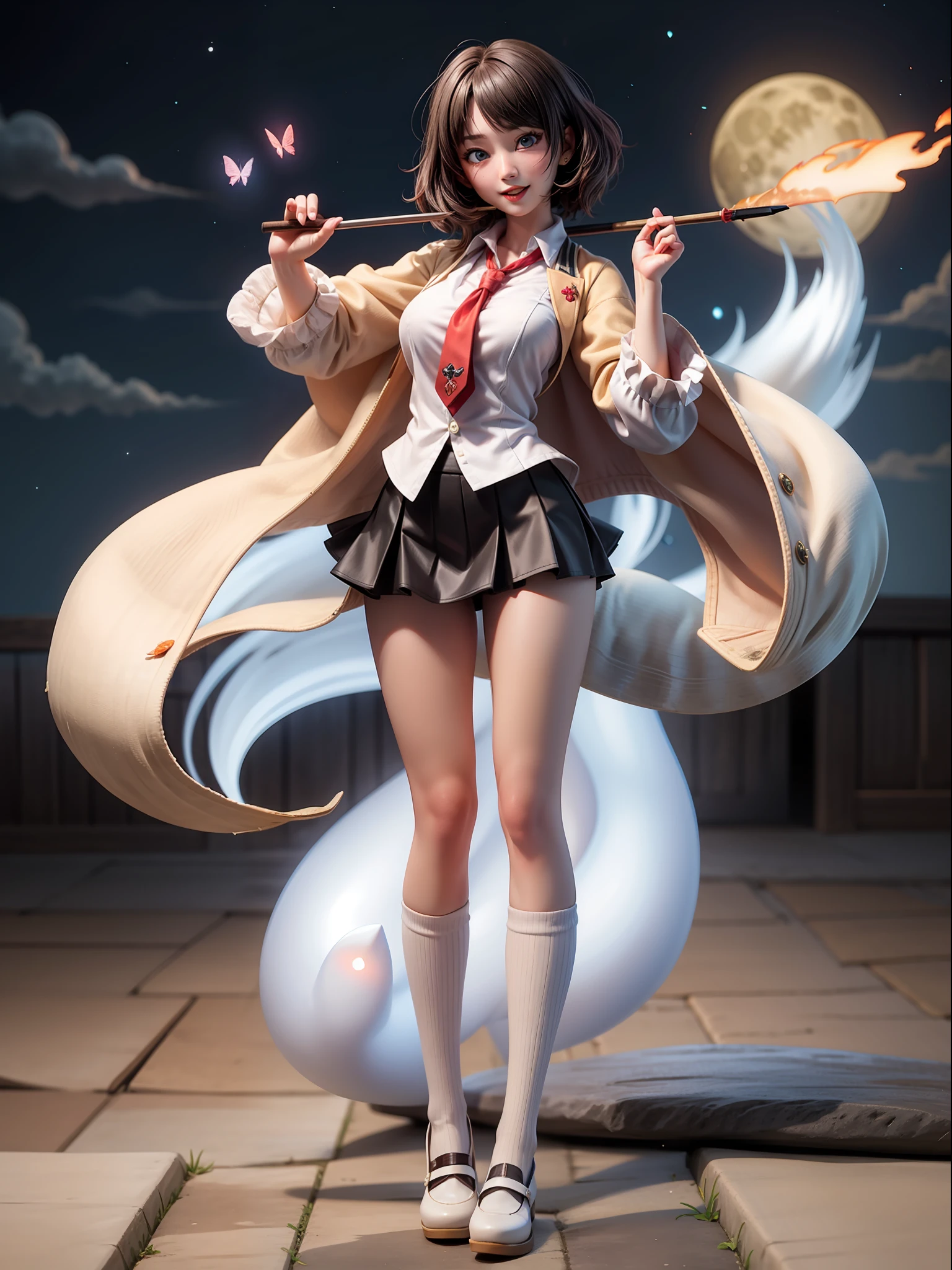 {((1 woman))}, {((wearing school suit with red skewer with tie, short black skirt, white stockings)), ((extremely large breasts)), ((very short black hair, blue eyes)) looking at the viewer, smiling, very happy, ((exhibitionist pose leaning back)), ((in an ancient Japanese ghost town, ghosts shadowing it, ghosts flying, night, just a full moon in the sky))}, (Fatal Frame Crimson Butterfly), ((full body, standing):1.5), 16k, best quality, best resolution, best sharpness, ultra detailed,