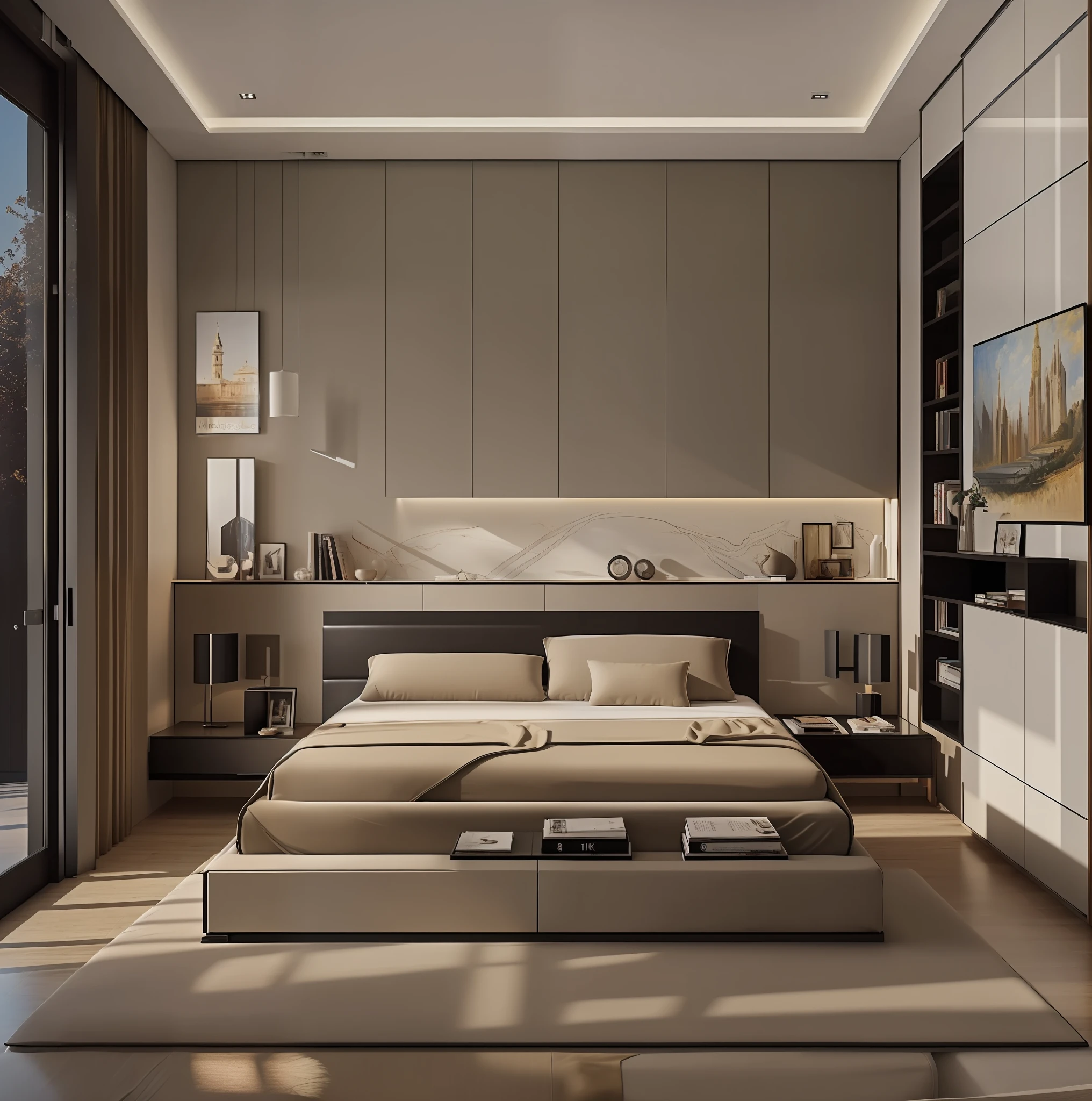 "((Best quality, 8k, Masterpiece :1.3)), ((minimalist bedroom with 1 abtract poster on head bed)), by japandi style, cinematic lighting, light and shadow from the glass door,