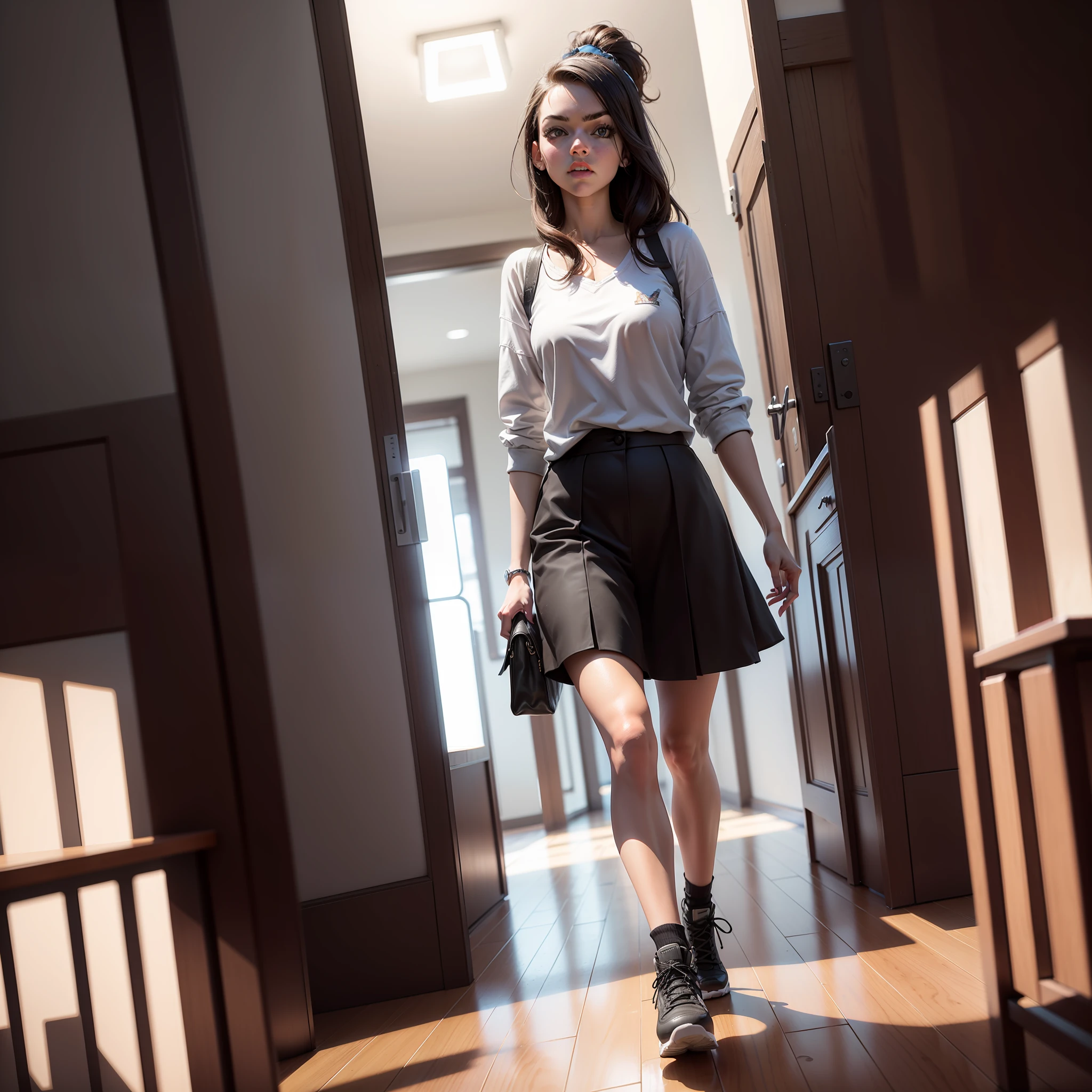 Imagen de Anya Taylor Joy caminando en el centro de un tablero de ajedrez ubicado bajo sus pies, Behind her is placed in a square of the board a white lady of the same size as her., imagen en 3D, resolucion 23K, --auto
