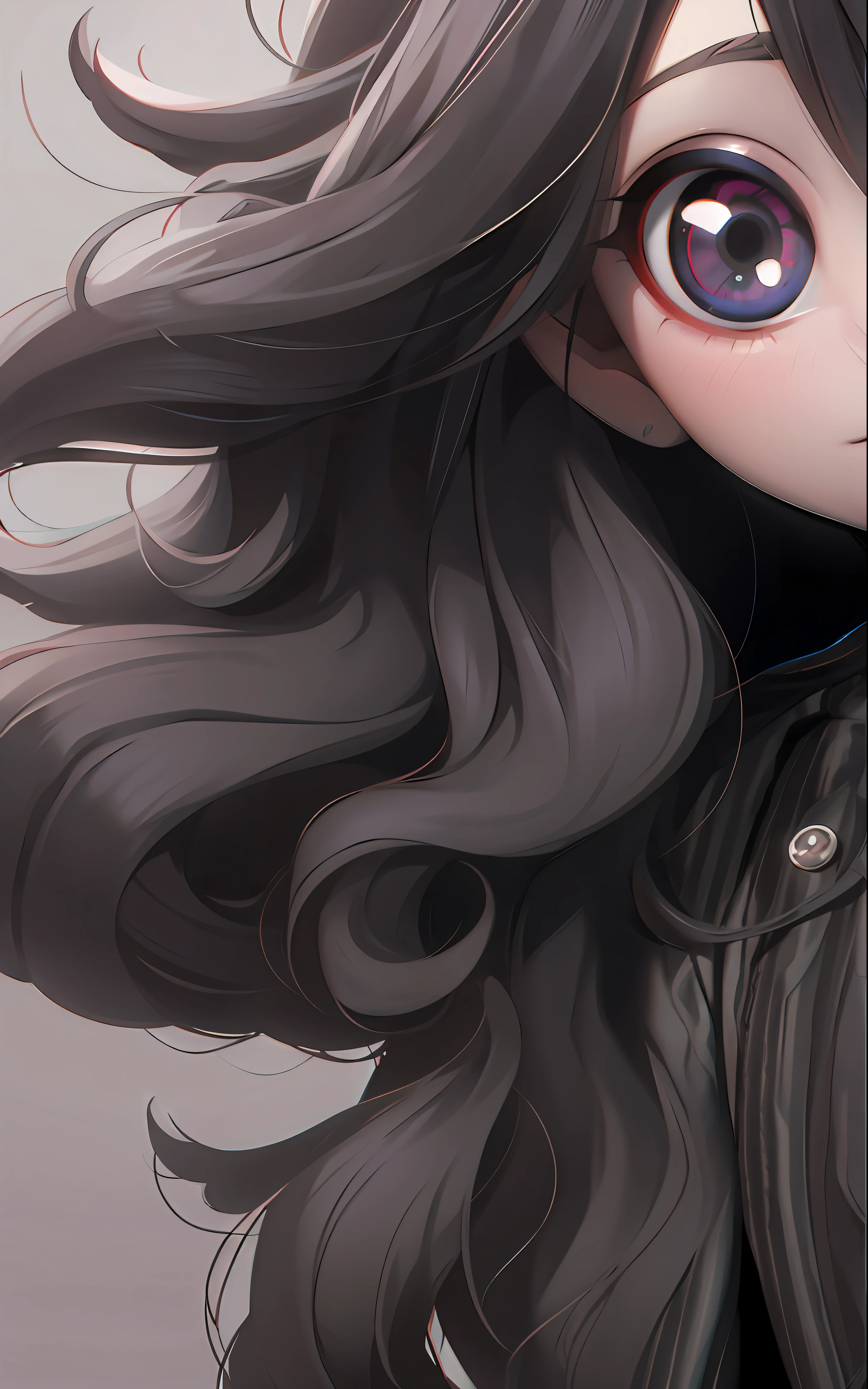 Menina anime com cabelo preto longo e olhos roxos brilhantes e saturado com uma jaqueta preta, Arte digital de Danganronpa, Ilya Kuvshinov com cabelo longo, Arte no estilo de Guweiz, sombreamento estilo anime plano, Artgerm. High detail, anime estilizado, anime estilizado, anime moe artstyle, estilo de arte loish, sem rosto