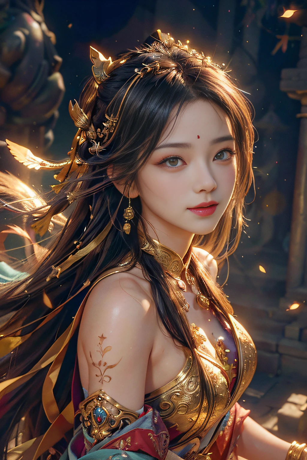 (RAW photo, Best quality), (Realistic, photograph realistic: 1.3), Highly detailed, Ultra detailed, Dynamic Angle, Messy_Long_Hair, Extremely detailed CG unified 8K wallpaper, ink, Amazing, lens_flare, dunhuang_Style, Beautiful rendering of the Tang Dynasty, (Smile: 1.5), (Holy light), In the grotto, Gold leaves, Halo, tsurime, Gradient eyes, Multicolored eyes, illustration, Cinematic lighting, Best quality, Masterpiece, A high resolution, Super detail, Dancing, Detailed face, Detailed eyes, Less cloth, Sexual arousal, sexual expression,