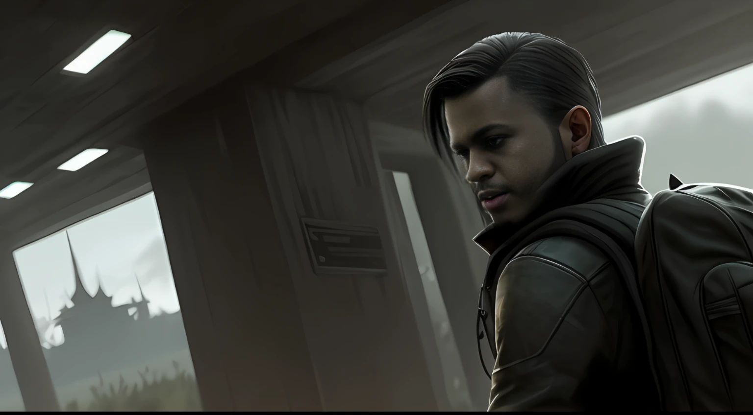 There's a man with a backpack looking at something in the distance, Artista CG, irreal 5. retrato de rpg, arte conceitual altamente realista, de meia-vida 2, Jogo CG, foto de retrato de pintura fosca, Arte conceitual 4k Morrowind, pintado como uma arte conceitual de jogo, Arte conceitual como Ernest Khalimov, in-game cinematic, Retrato de Adam Jensen, dia ensolarado, Dayz Game Scenario