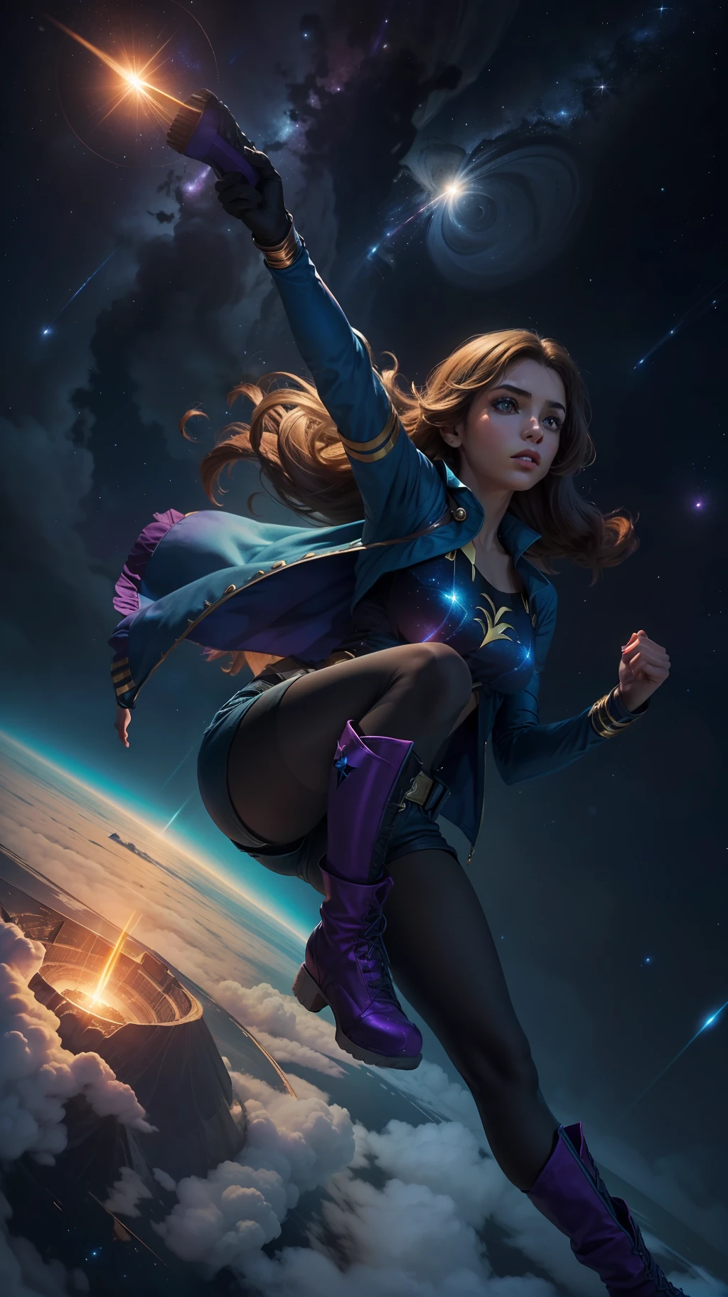 Uma garota, (((solo))), (16 anos, cabelo curto e preto, e olhos pretos, pele morena, nariz pontiagudo), (She's the superhero, His uniform is blue and purple like a galaxy, com um shorts curto, com estampas de estrelas, long pantyhose and boots), (She's flying in a night sky, com seus poderes de luz), close up