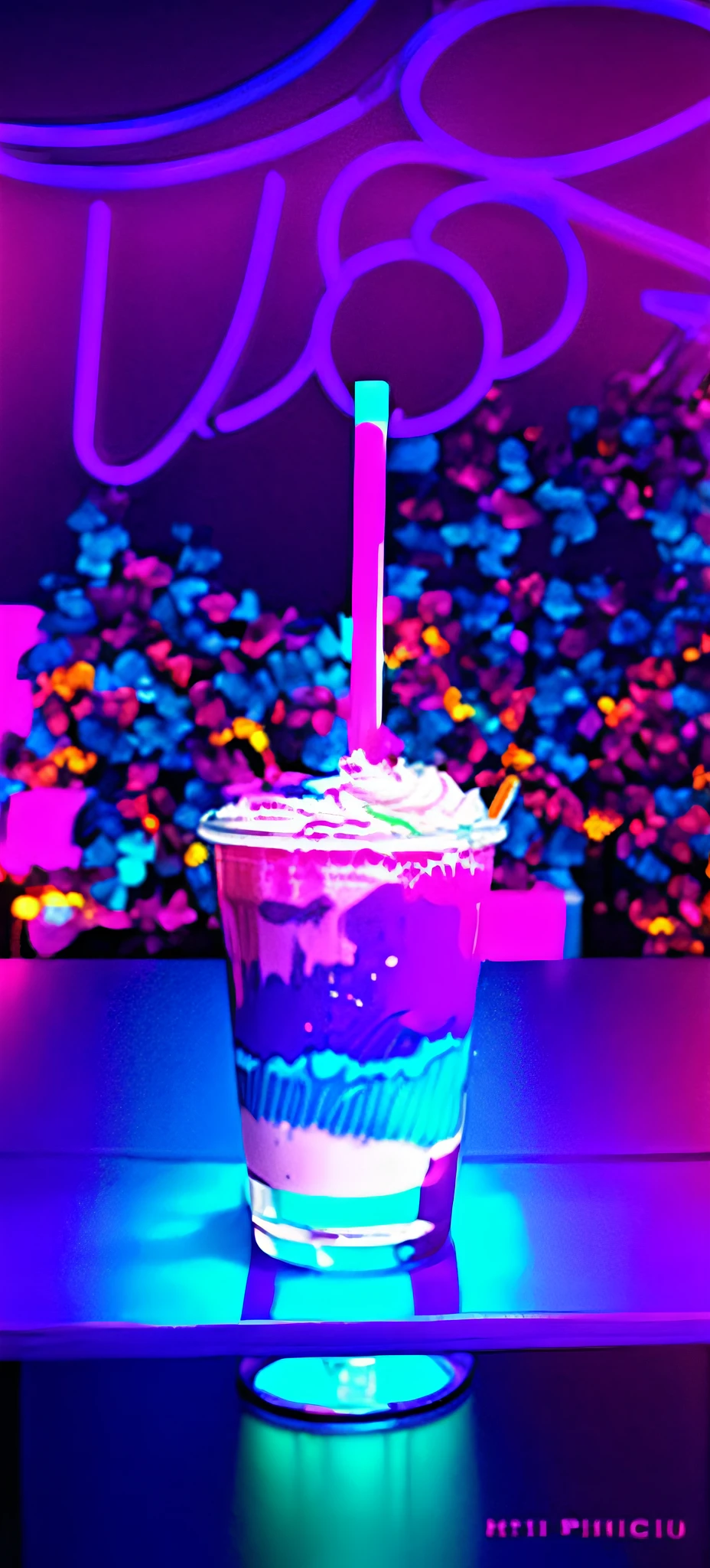 purple neon sign above a cup of ice cream with a straw, Directed by: Matteo Pérez, purple liquid in bright cup, colored milk tea, by Amelia Peláez, milkshake, Matte Cores, sombrio, Directed by: Matthias Ferré Palace, iced latte, velho)), sorvete ao lado, roxo bebeu, Pintado, by Gina Pellón