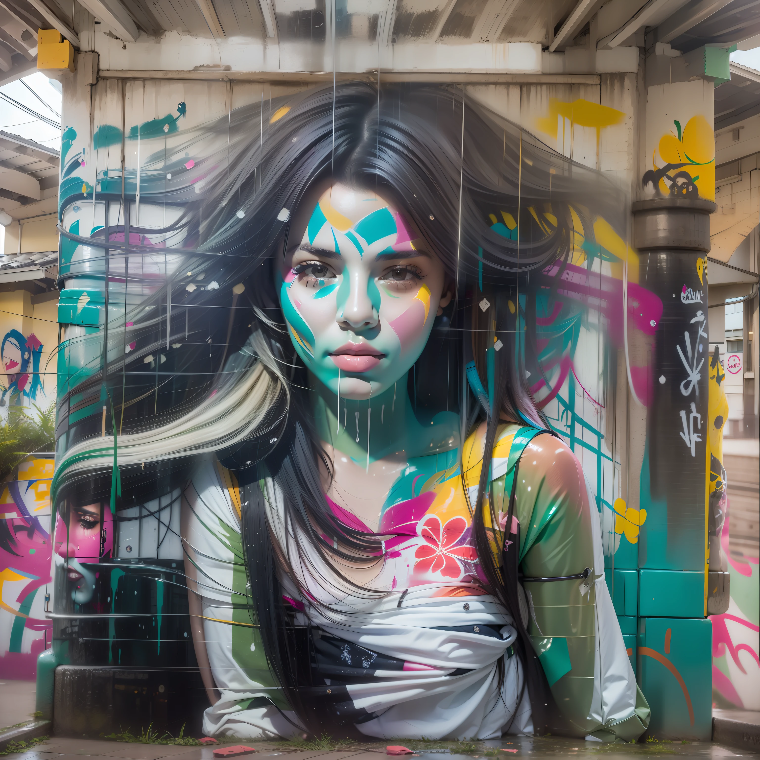 Beautiful Brazilian woman paints graffiti of another Brazilian woman. train station. cabello mojado