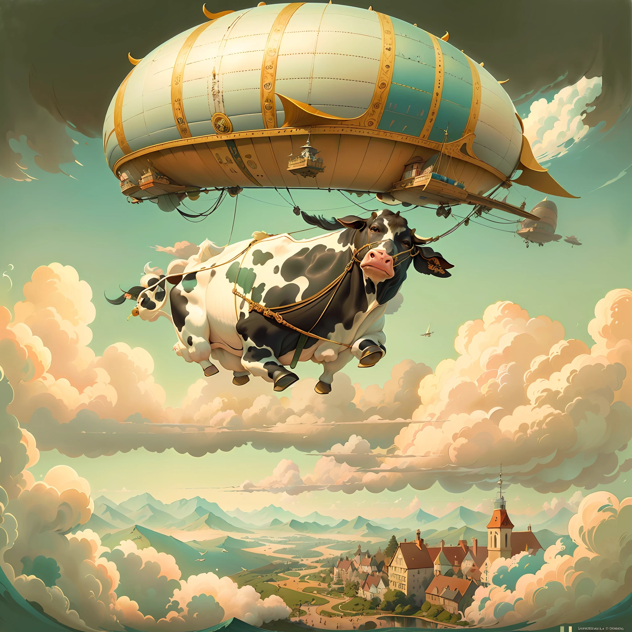 (((melhor qualidade)) Cow-shaped airship (((cow flying in the sky))), Sky with fluffy clouds, sharp foccus ilustration, finely detailed illustration, inspirado em Charles W. Bartlett, scientific illustration, vaca de profundidade, cauda de fluxo longo, full-colour illustration, Adepto de Silvergill, gravura em litografia colorida, por Charles W. Bartlett, an illustration of, jules julien, Tiago Collinson, por Tim Hildebrandt