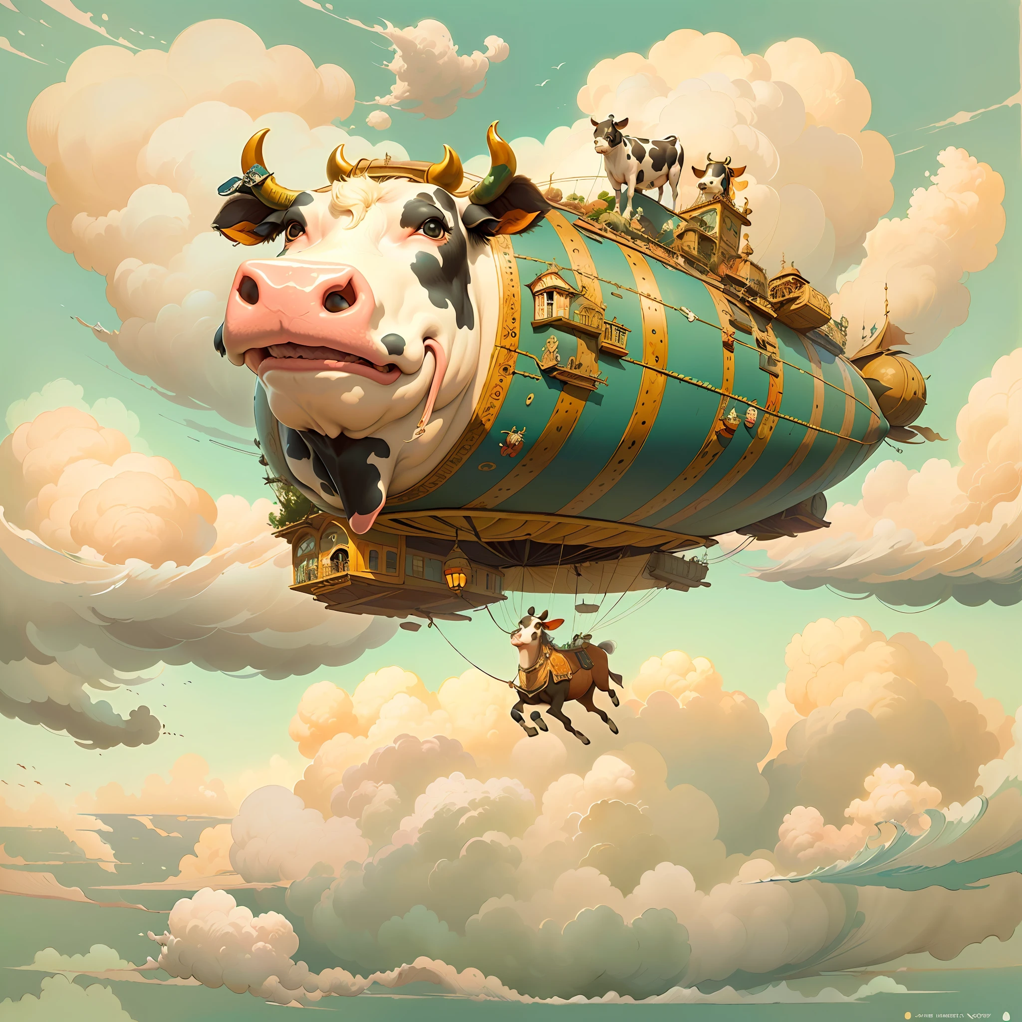 (((melhor qualidade)) Cow-shaped airship (((cow flying in the sky))), Sky with fluffy clouds, sharp foccus ilustration, finely detailed illustration, inspirado em Charles W. Bartlett, scientific illustration, vaca de profundidade, cauda de fluxo longo, full-colour illustration, Adepto de Silvergill, gravura em litografia colorida, por Charles W. Bartlett, an illustration of, jules julien, Tiago Collinson, por Tim Hildebrandt