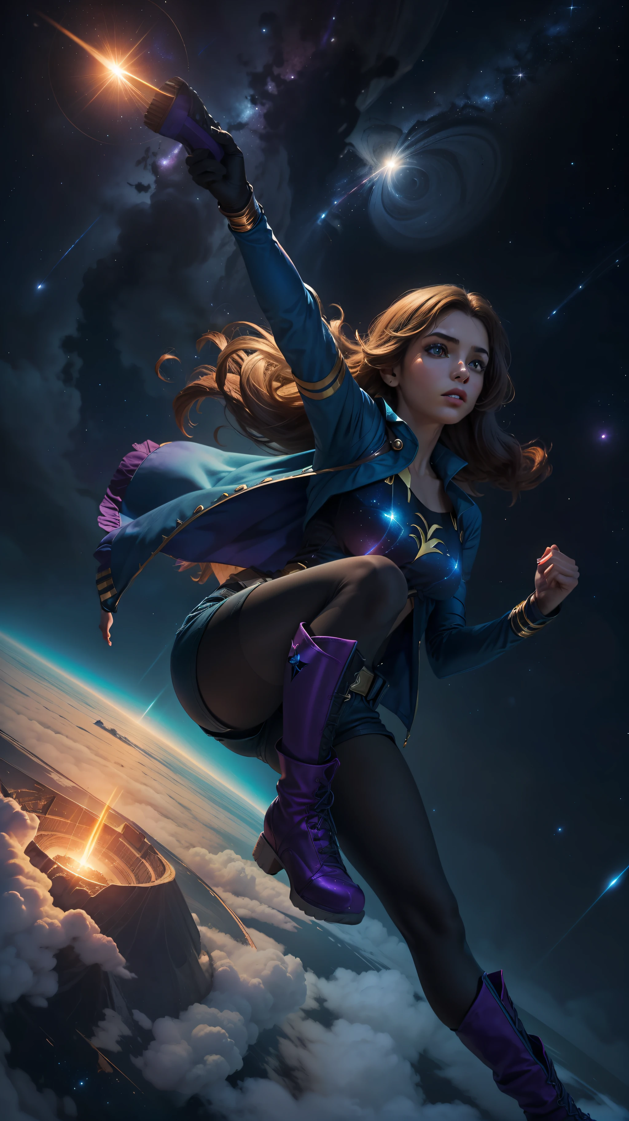 Uma garota, (((solo))), (, cabelo curto e preto, e olhos pretos, pele morena, nariz pontiagudo), (She's the superhero, His uniform is blue and purple like a galaxy, com um shorts curto, com estampas de estrelas, long pantyhose and boots), (She's flying in a night sky, com seus poderes de luz), close up