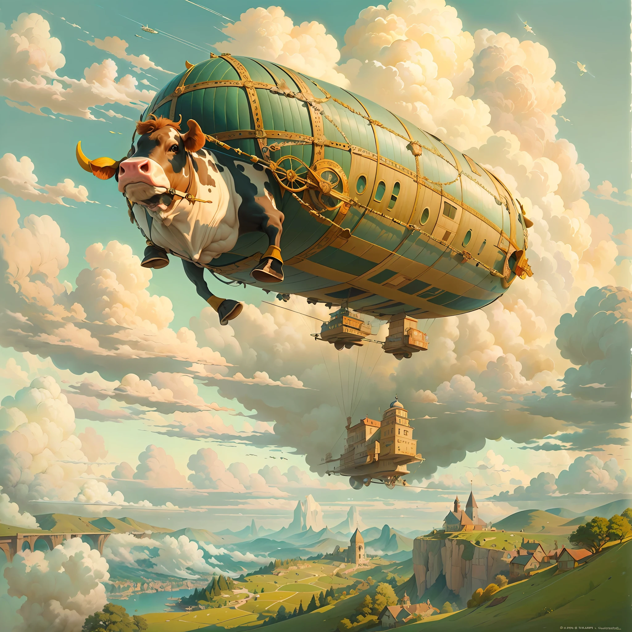 (((melhor qualidade)) Cow-shaped airship (((cow flying in the sky))), Sky with fluffy clouds, sharp foccus ilustration, finely detailed illustration, inspirado em Charles W. Bartlett, scientific illustration, vaca de profundidade, cauda de fluxo longo, full-colour illustration, Adepto de Silvergill, gravura em litografia colorida, por Charles W. Bartlett, an illustration of, jules julien, Tiago Collinson, por Tim Hildebrandt