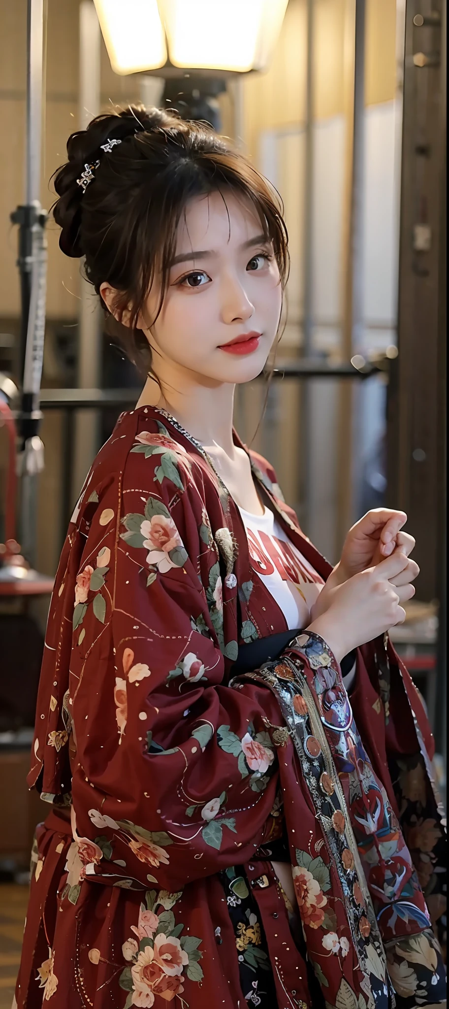 （RAW photogr：1.2），（realisticlying：1.4），（tmasterpiece：1.3），（best qualtiy：1.4），Dream-like，（Detailed eyes），（detailedfacialfeatures），（detailed clothes features），skin tight，（shiny skins），（slender girl），（slender girl），1girll，VeronicaCipher，独奏，adolable，By bangs，with short brown hair，Black eyes，（Large breasts），（（The shirt）），dynamicposes，（Kodak Film color）（（not see the camera））（（White Studio）（Studio lights）,(Crop top:1.4)