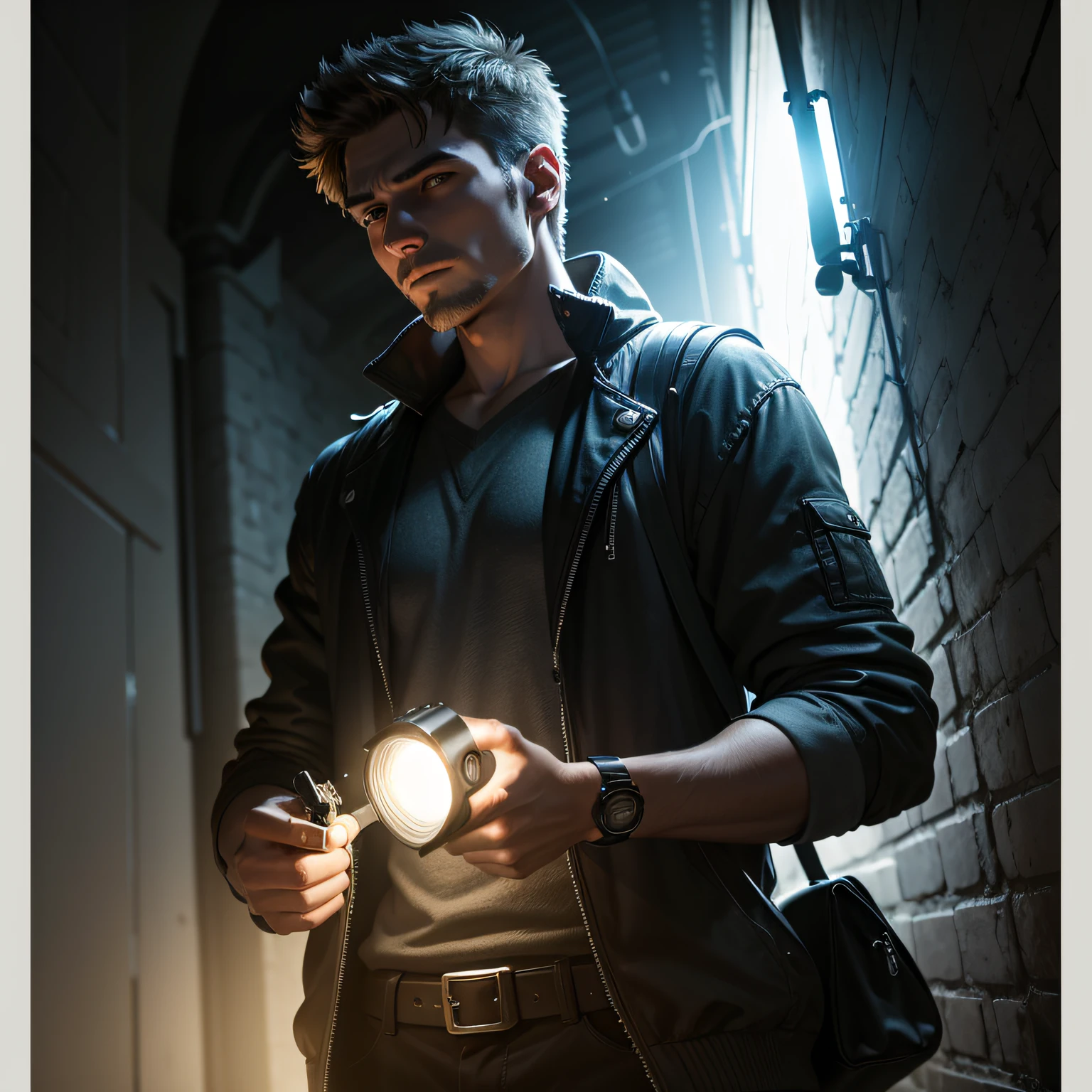 A man with a flashlight in his hand in the dark --auto
