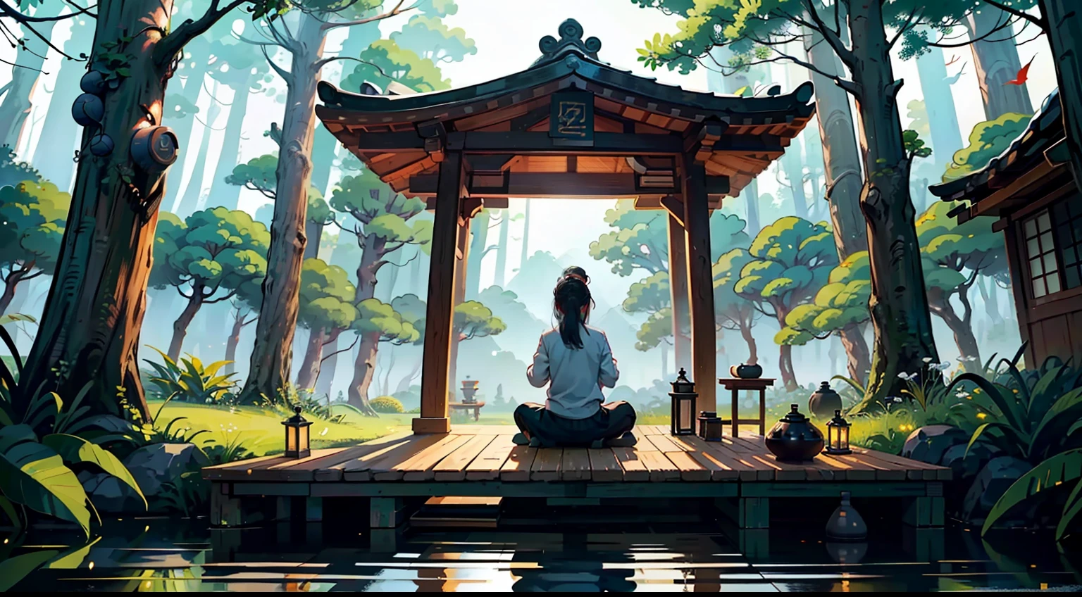 A picturesque scene showcasing the lifestyle of 'wu wei' followers who live in harmony with nature. They honor the rhythms and cycles of the natural world, finding fulfillment through simplicity and tranquility. Their belief in aligning with the Tao, the inherent flow of the universe, guides their authentic and satisfying lives." --auto