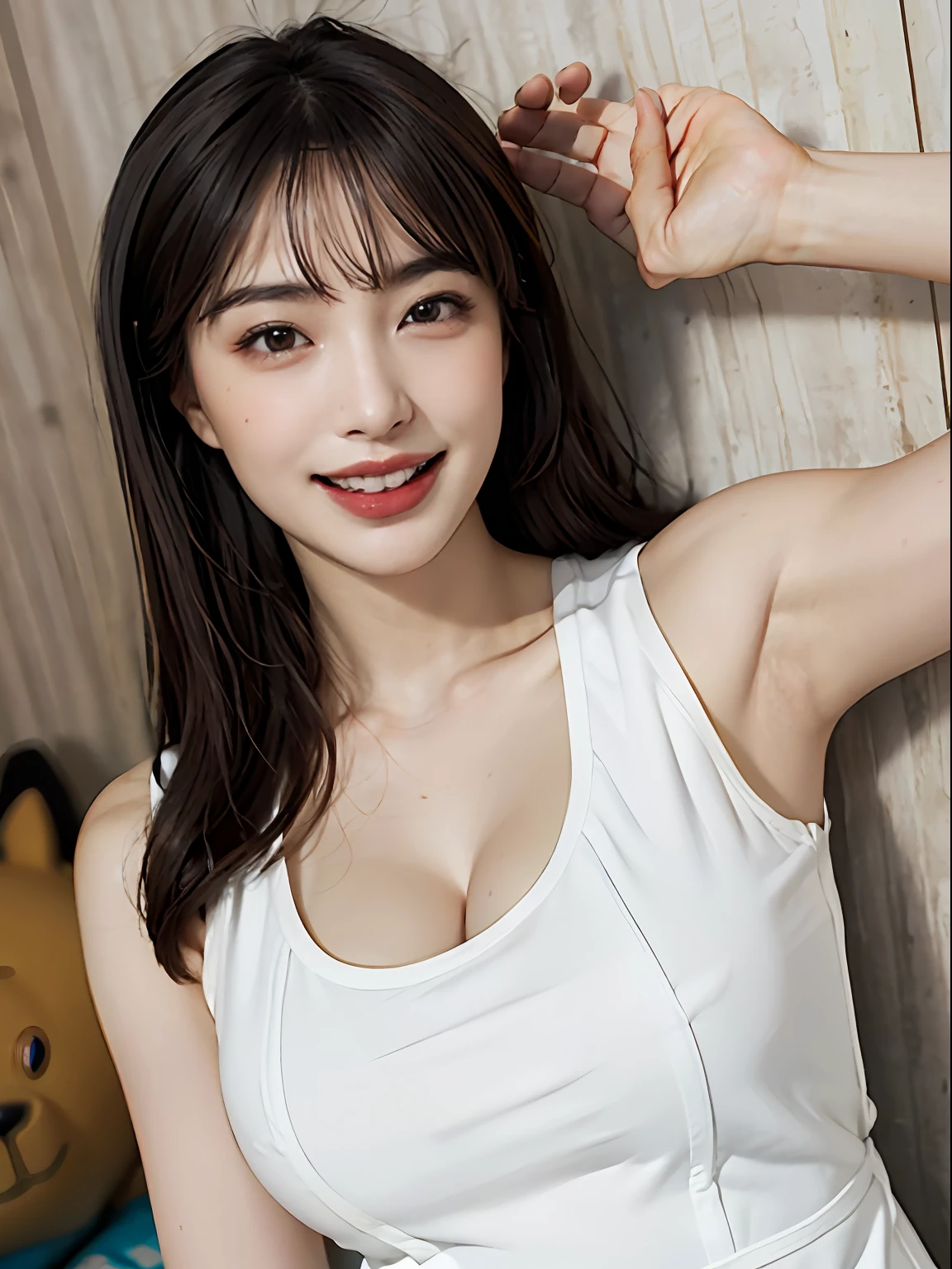 (A hyper-realistic), (illustratio), (hight resolution), (8K), (ighly detailed), (The best illustrations), (beatiful detailed eyes), (top-quality), (ultra-detailliert), (masterpiece), (wall-paper), (详细的脸), a bed、Upper body close-up,Armpit, A smile,Plump,独奏,Girl in a tight white tank top with open chest, full of sweat, japanes, large full breasts, (camel's toe)、huge-breasted、cleavage of the breast、perfect teeth、