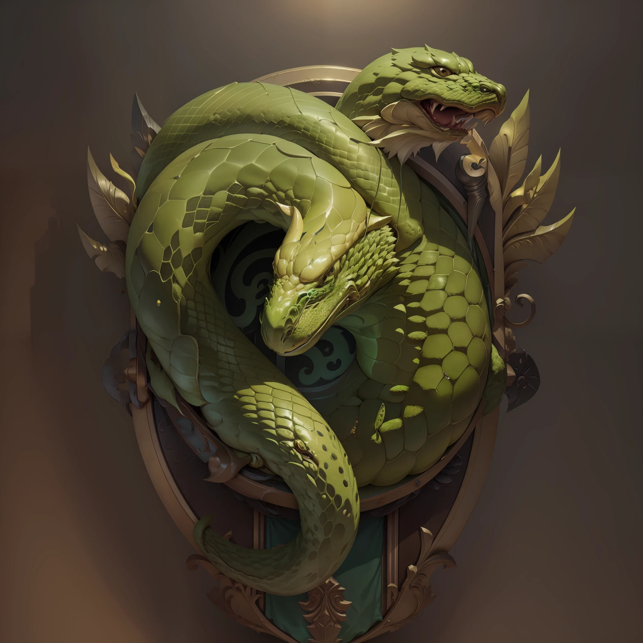 Simple and smooth coat of arms with green snake, prata, for security company, parte interna lisa, fundo liso, brilhante, Correntes pratas, Correntes, Enquadrado