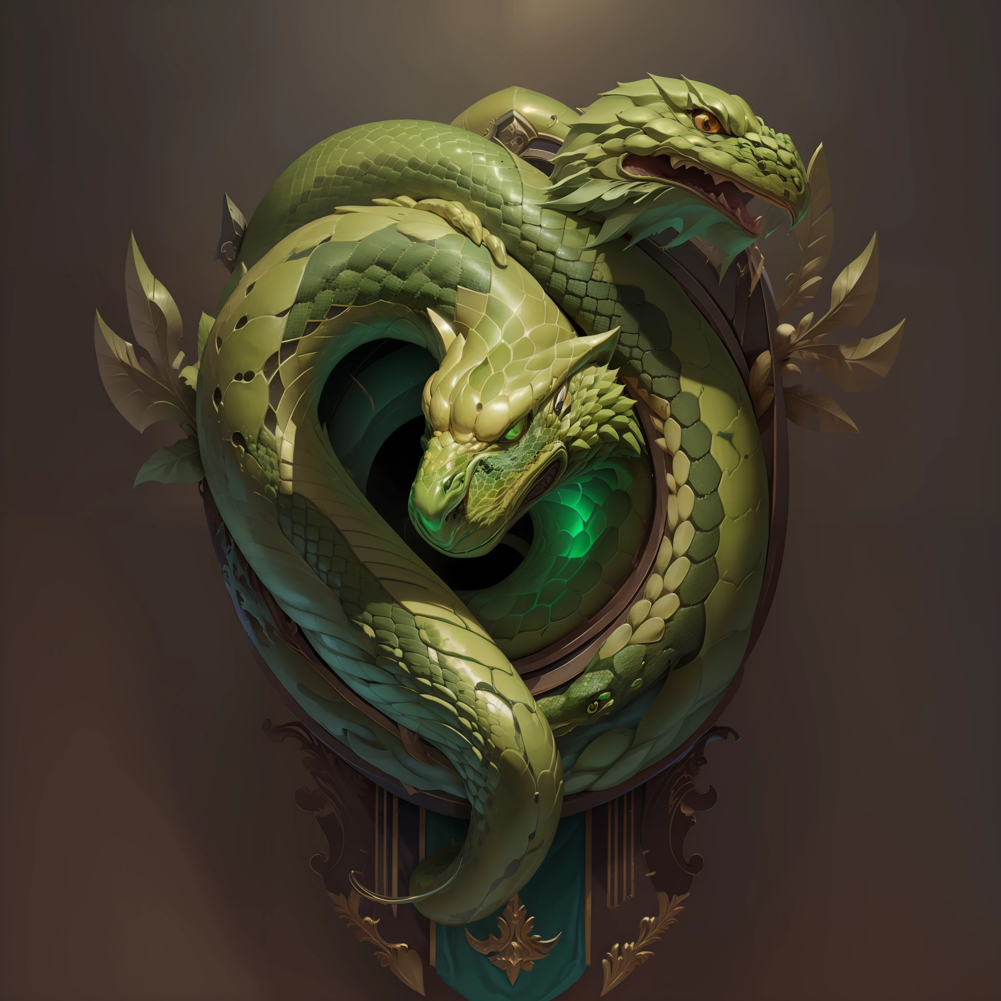 Simple and smooth coat of arms with green snake, prata, for security company, parte interna lisa, fundo liso, brilhante, Correntes pratas, Correntes, Enquadrado