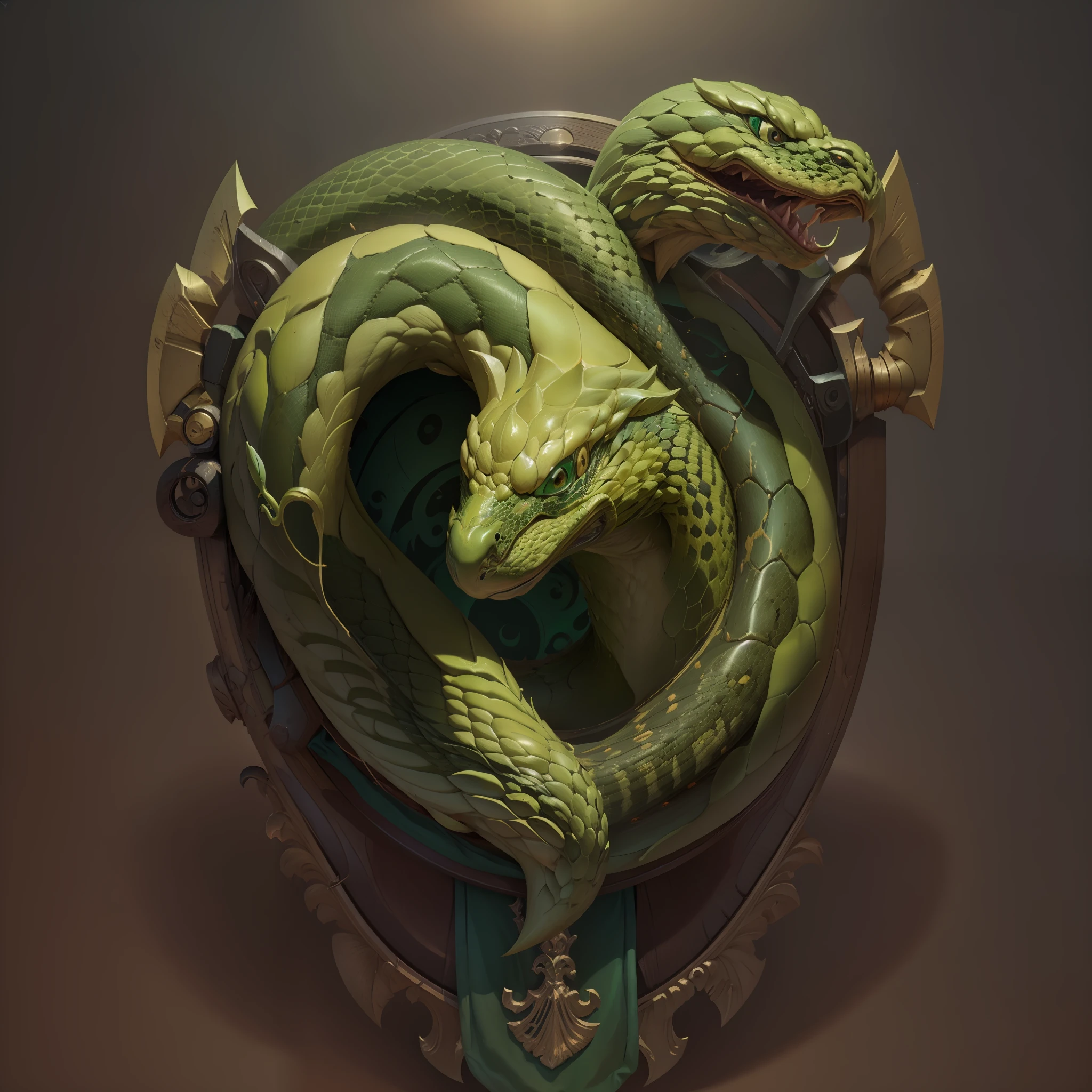 Simple and smooth coat of arms with green snake, prata, for security company, parte interna lisa, fundo liso, brilhante, Correntes pratas, Correntes, Enquadrado