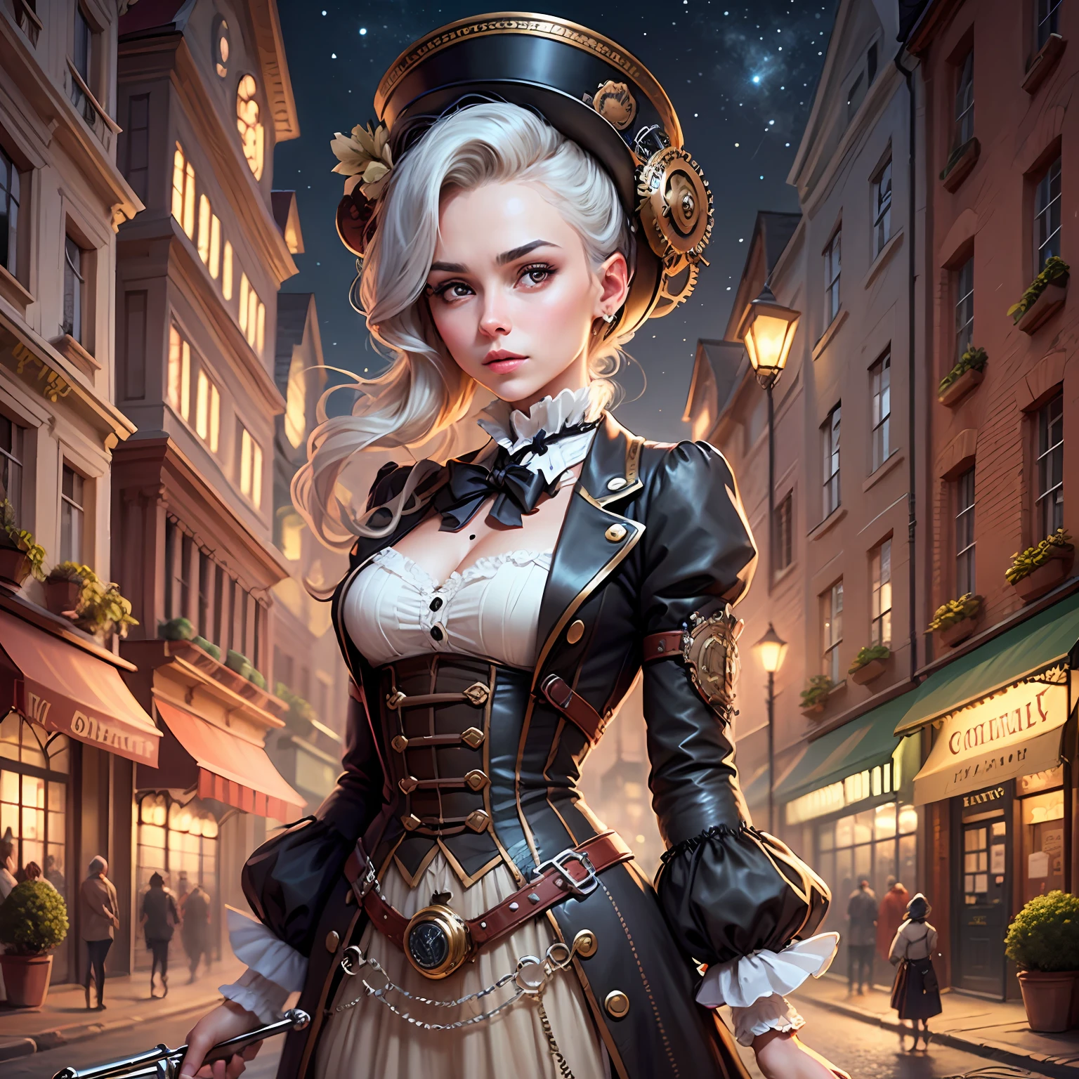 Uma imagem de um investigador steampunk, vestido com um elegante e intrigante traje de detetive steampunk, Unraveling mysteries in a whimsical and elaborate Victorian-steampunk cityscape at night. A cena combina o charme da era vitoriana com elementos steampunk imaginativos. --auto --s2