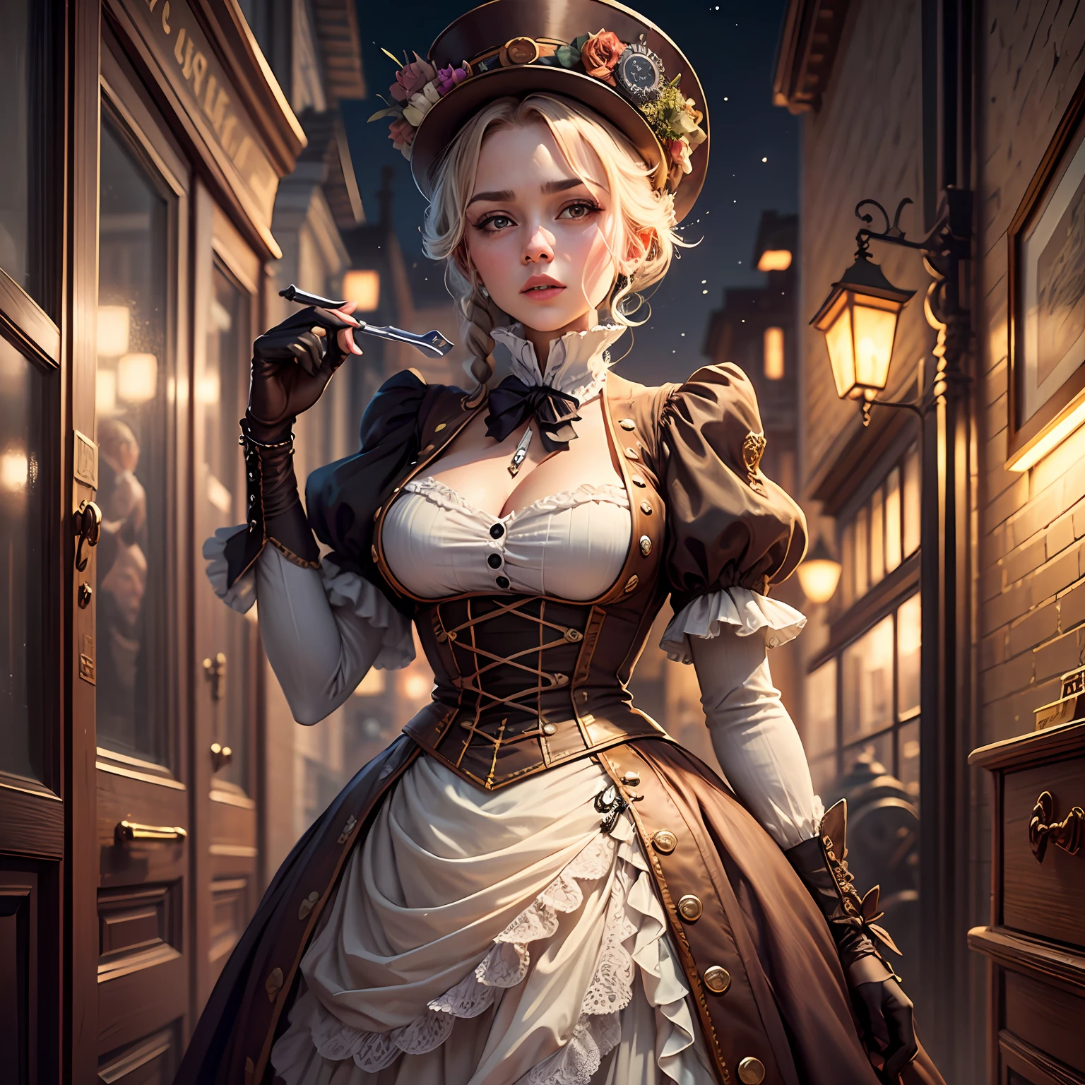 Uma imagem de um investigador steampunk, vestido com um elegante e intrigante traje de detetive steampunk, Unraveling mysteries in a whimsical and elaborate Victorian-steampunk cityscape at night. A cena combina o charme da era vitoriana com elementos steampunk imaginativos. --auto --s2