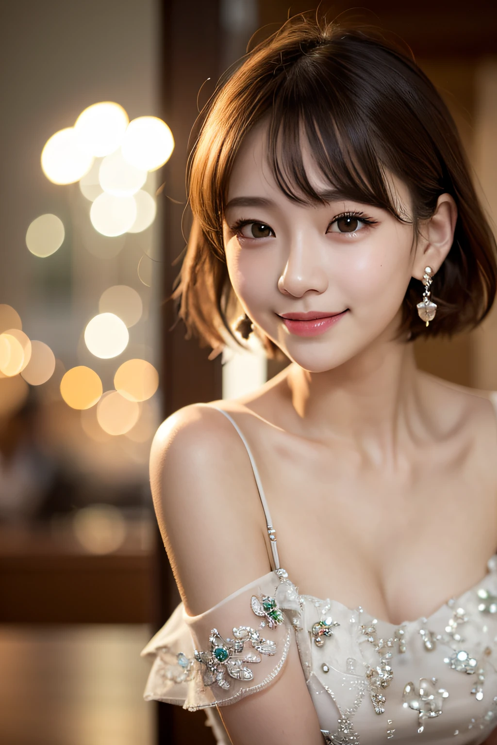 1 girl in、cute little、17 years old、A smile、Party Dresses、a picture、Realistic、top-quality、adopt、A detailed face、Shorthair、Emerald Earrings、cafes、细致背景、diffuse lighting、bokeh feeling