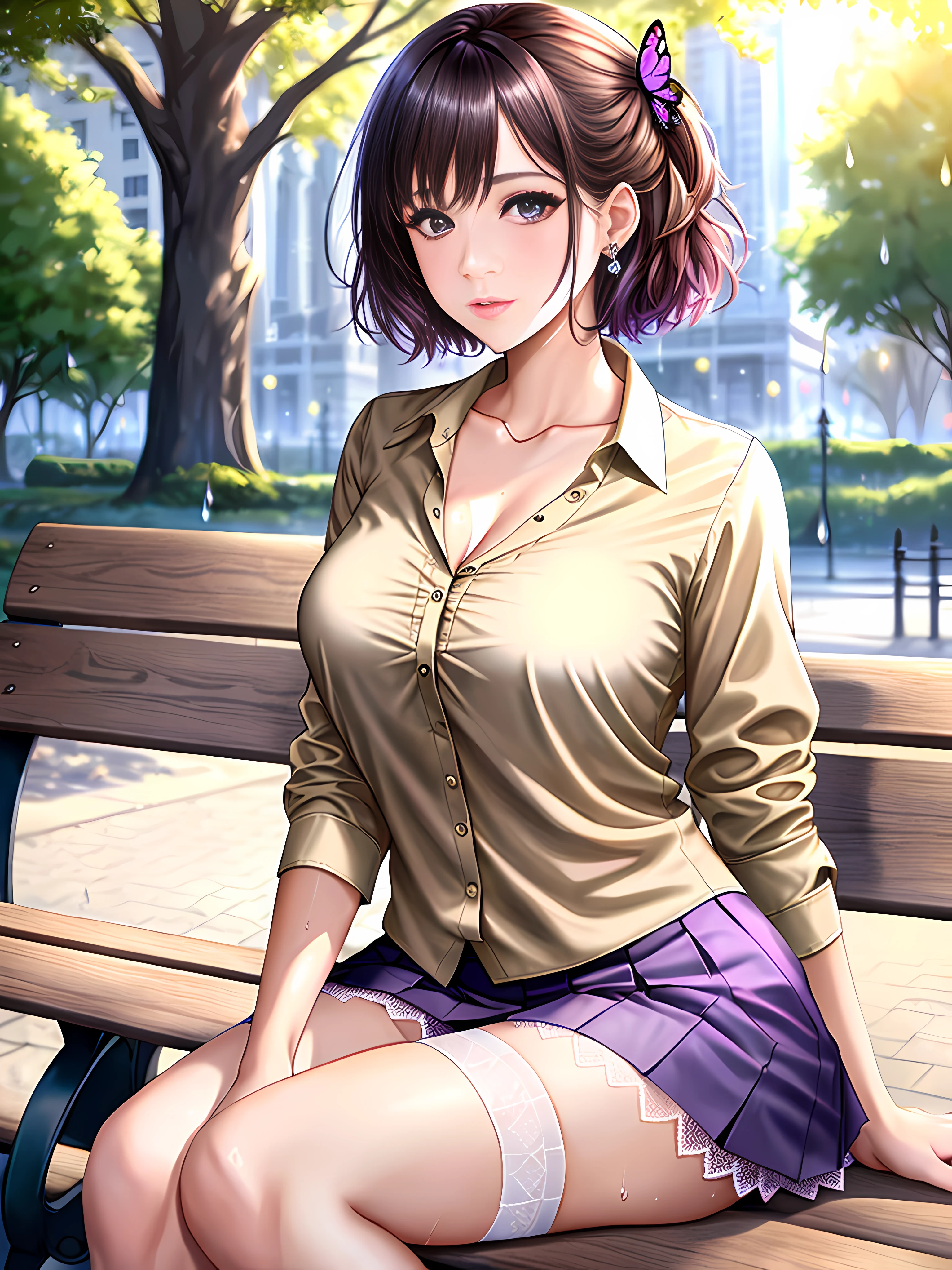 /(perfect detailed hands, perfect detailed fingers, beautiful face, perfect eyes, perfect detailed body,), sitting on a park bench, crossed legs, rain, traslucent blouse, Wet clothes, big chest, beautiful gradient, Full body, Beautiful girl, clean detailed faces, dynamic pose, massive chest, /(Schoolgirl uniform: beige V-neck blouse with lace and neckline, pink mini-skirt with pleats and butterfly patterns, white knee-high stockings with diamond patterns, purple bow,), full body, Uhd digital painting, hyperdetailed triadic colors, unreal engine, fantastical, intricate detail, complementary colors, 8k resolution, deviantart masterpiece, oil painting, heavy strokes, dynamic light source