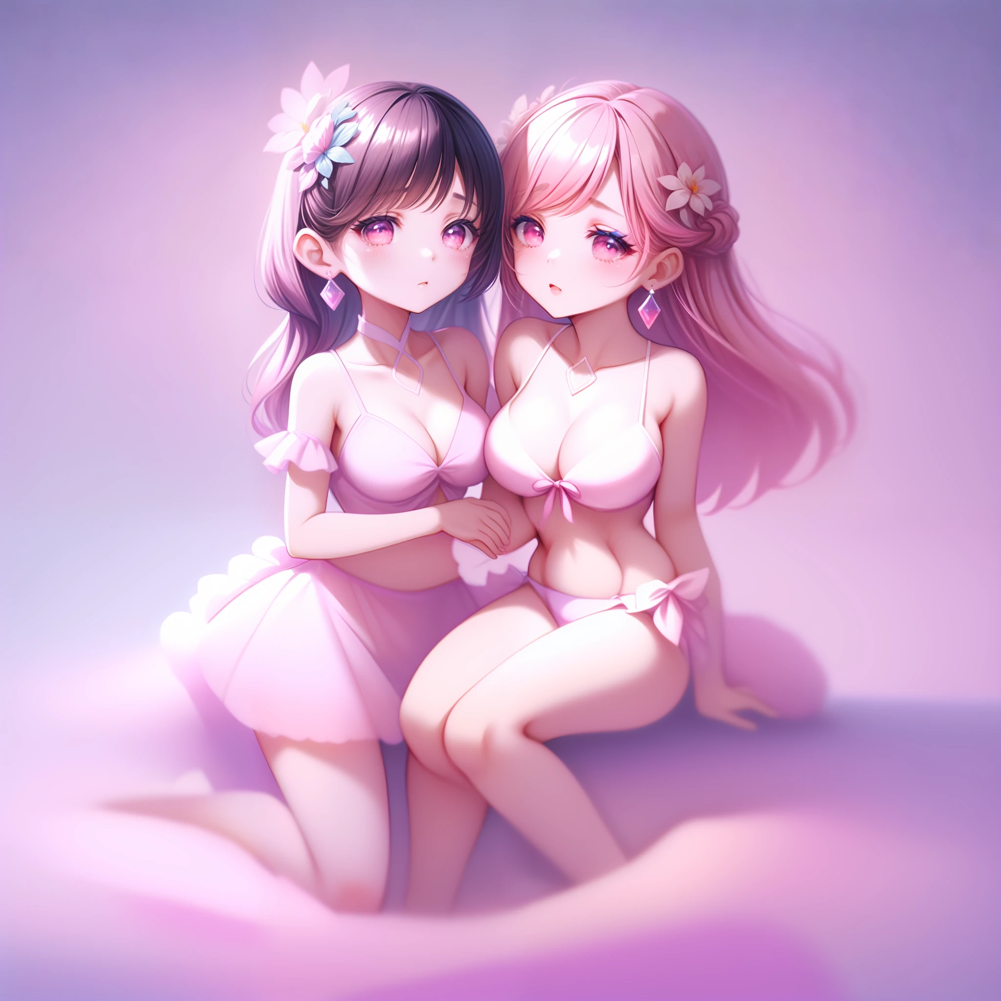 Best Quality,amazing,masutepiece,Delicate,超A high resolution,ultra-detailliert,intricate detailes,Beautiful detailed,8K resolution,(the Extremely Detailed CG Unity 8K Wallpapers),Sharp Focus,((No text)),Breast awareness,Huge bare breasts,Areola naked,Bare breasts explode,lively bare breasts,bared chest,High Transparent Wet Tulle Light Pink Mini Bikini,High Transparent Wet Tulle Light Pink Micro Bikini and High Transparent Wet Tulle Light Pink Micro Bikini,Tongue stock,makeup,cheerfulness,Reflectors,Ahegao,Pink eyes,Heart Earrings,2girls,female pervert,view the viewer,Hair Flower,Long hair,multicolored hair,Shiny hair,Barefoot,Bottomless,thick thighs,Bare legs,Look at each other from the front、((Feminine kiss))、(((French kiss for women)))、Women hugging each other,Push each other、Staring at each other、Moist eyes、Half-open lips、Intertwined tongues and tongues、Beautiful、red blush(0.2)、Functional、seductiv、Trance、instigate、Beauty、bustup、Shunguang、、Shoot diagonally down from the front、precise drawing、Detailed drawing、Precise anatomy、
