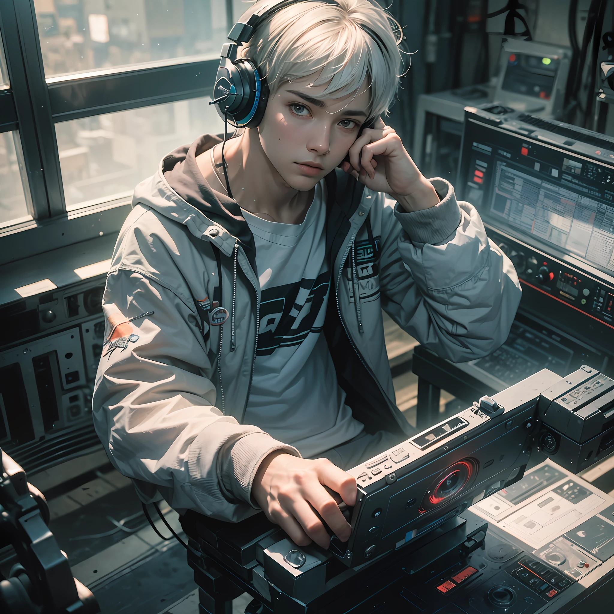 Cinematic light and shadow textures, 8K, An ultra-high picture quality, Ultra-realistic light and shadow effects, White hair, dressed casually, Listening to music, Wearing headphones, Thick Paint, Colorful, Good texture of clothes, Facial Detail Optimization, (((If you look at a ager from under his feet, Perspective, (1 boy: 1.9), low angles, gaze at the audience --auto --s2