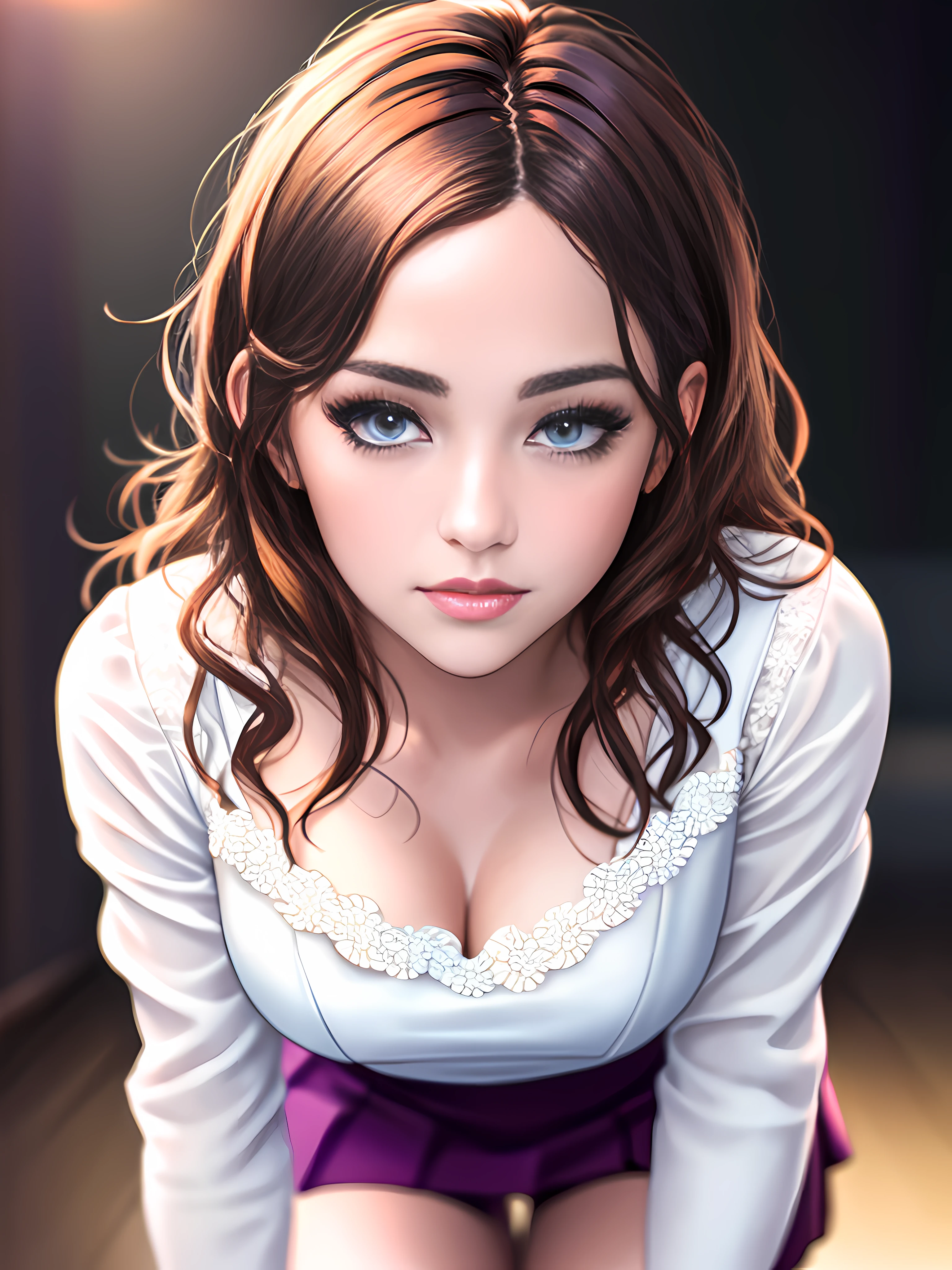 a photorealistic full body portrait of a stunningly beautiful women without make-up, beige V-neck blouse with lace and neckline, pink mini-skirt with pleats and butterfly patterns, white knee-high stockings with diamond patterns, purple bow, extremely detailed light hazel eyes, detailed symmetric realistic face, extremely detailed natural skin texture, peach fuzz, messy hair, masterpiece, absurdres, nikon d850 film stock photograph, kodak portra 400 camera f1.6 lens, extremely detailed, amazing, fine detail, rich colors, hyper realistic lifelike texture, dramatic lighting, unrealengine, cinestill 800 tungsten, looking at the viewer, photo realistic, RAW photo, high quality, highres, sharp focus, extremely detailed, cinematic lighting, 8k uhd