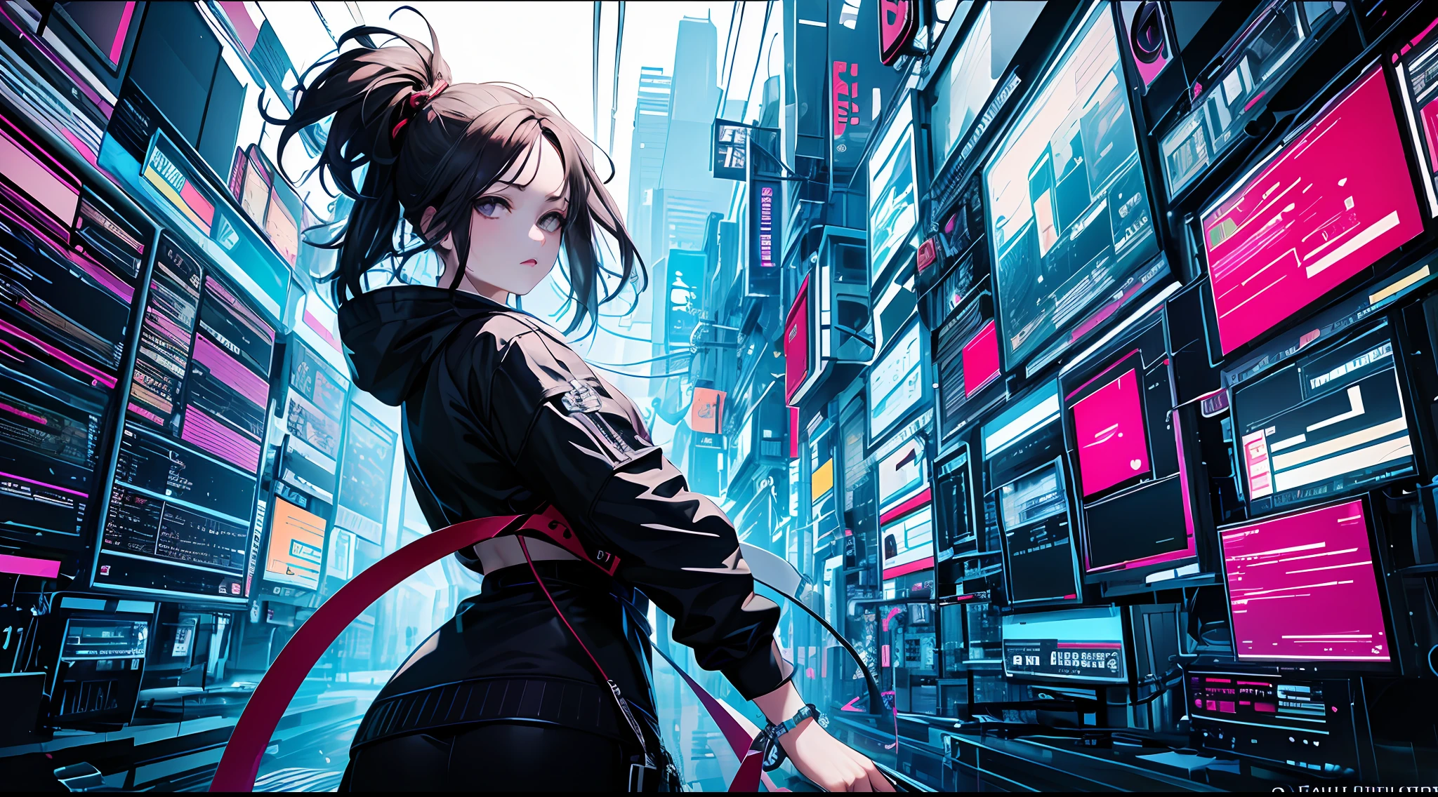 (masterpiece, top quality, best quality, official art, beautiful and aesthetic:1.2), 1girl, glitch art, (digital distortion), pixelated fragments, data corruption,colorful noise, visual chaos,contemporary aesthetics