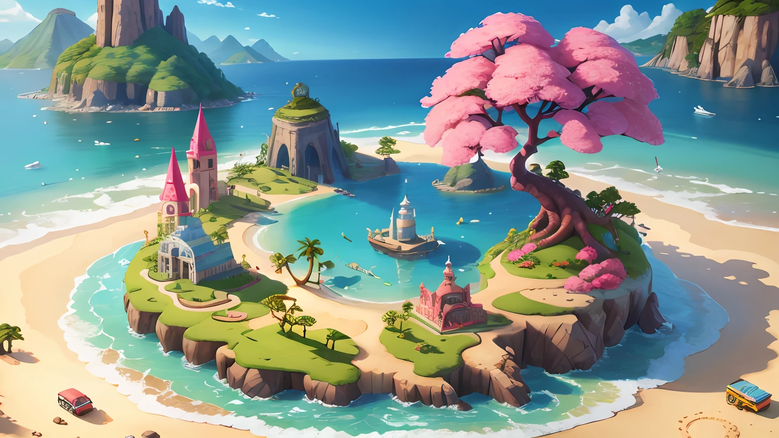 mapa da barbie para jogo fortnite, mapa rosa, mapa cor-de-rosa, flores, oceano, ilha, rio, Architectural design of the game, desenhos animados, cidade, pedra, tijolo, prado, rio, flores, estilo de jogo casual, 3d, obra-prima, super detalhe, melhor qualidade, ilha da barbie, brilho, barbie