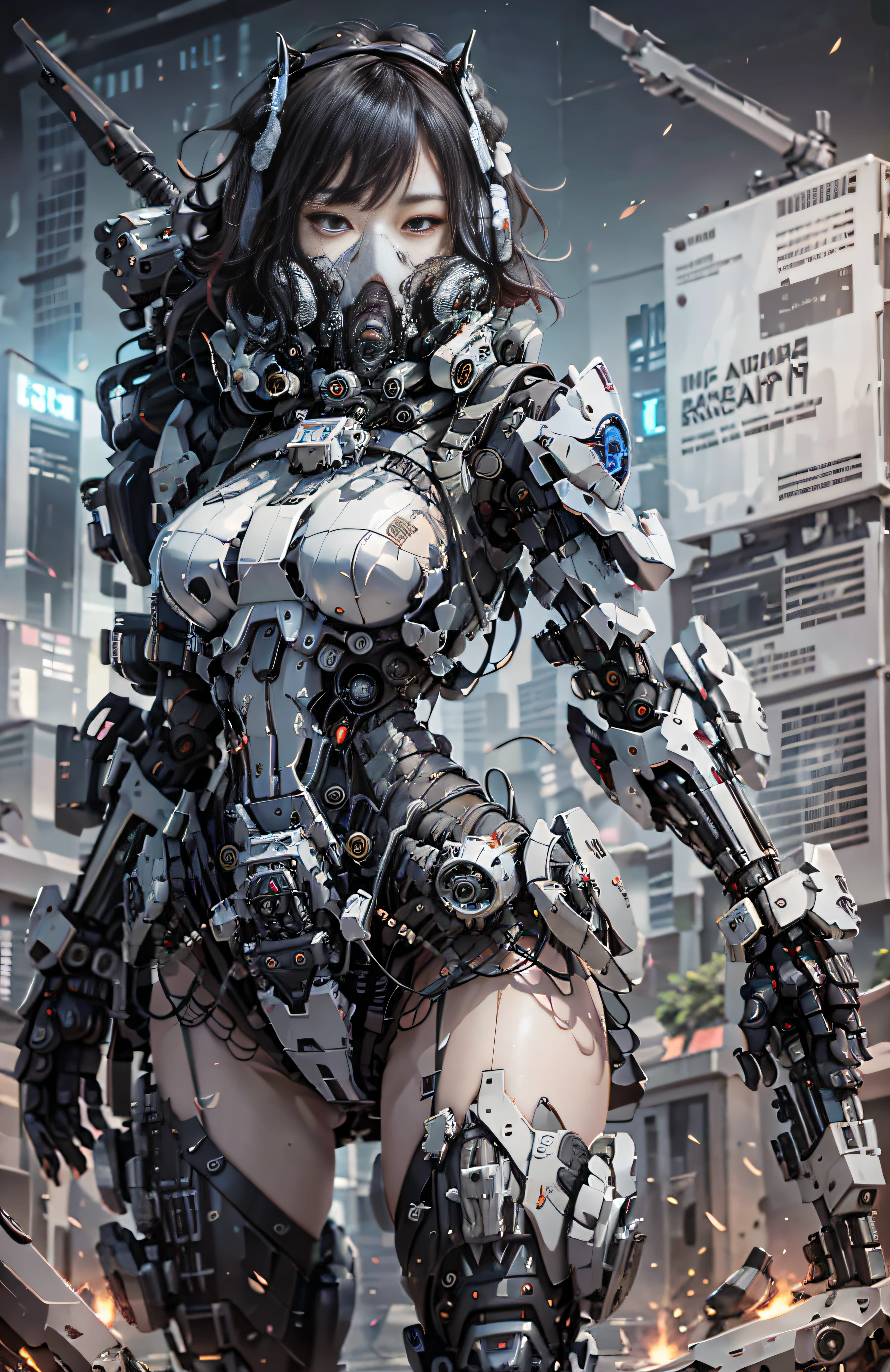 This is a CG Unity 8k wallpaper with ultra-detailed, high-resolution and top quality in cyberpunk style, dominated by black and red. In the picture, a beautiful girl with white messy short hair, a delicate face, wearing a steam mecha mask, standing on the ruins, behind her is a huge robot, and the action of a woman holding a heavy sniper rifle in her hand,