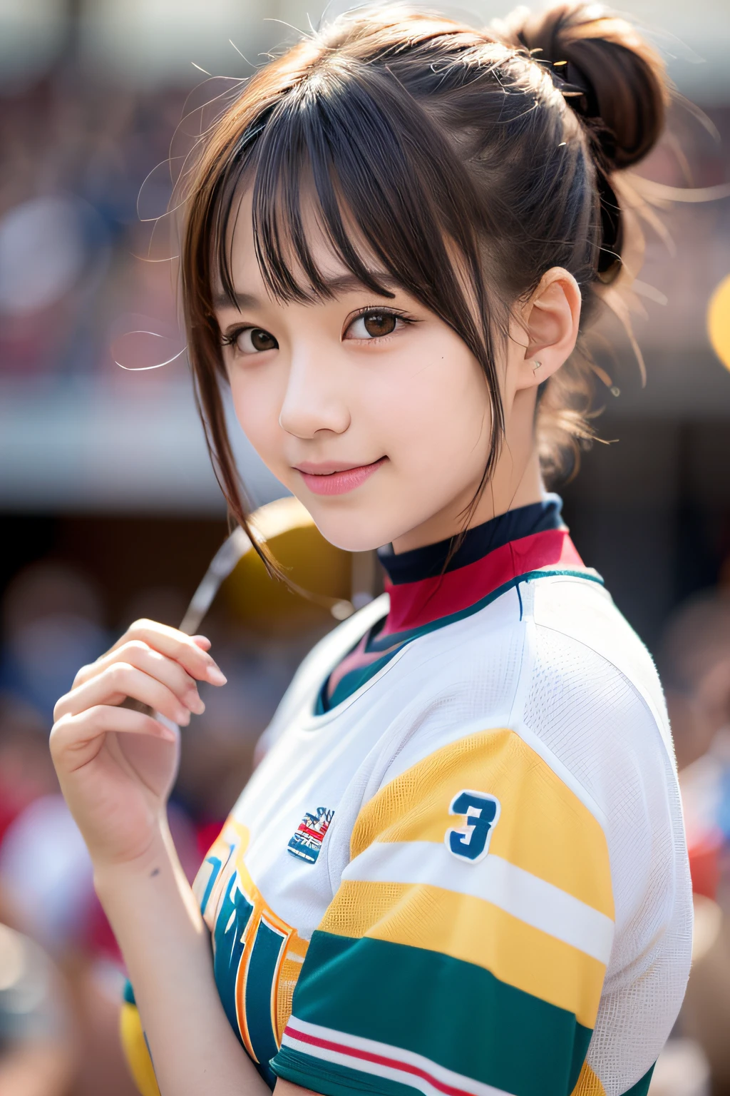 1 girl in、cute little、17 years old、A smile、cheerleaders、a picture、Realistic、top-quality、adopt、A detailed face、Shorthair、stadio、细致背景、diffuse lighting、bokeh feeling