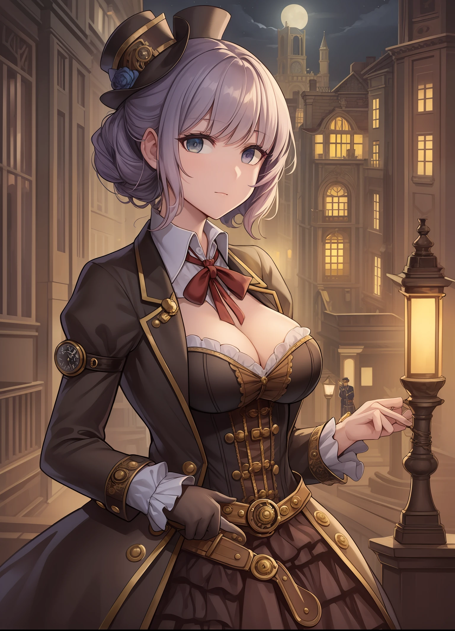 Uma imagem de um investigador steampunk, vestido com um elegante e intrigante traje de detetive steampunk, Unraveling mysteries in a whimsical and elaborate Victorian-steampunk cityscape at night. A cena combina o charme da era vitoriana com elementos steampunk imaginativos. --auto --s2