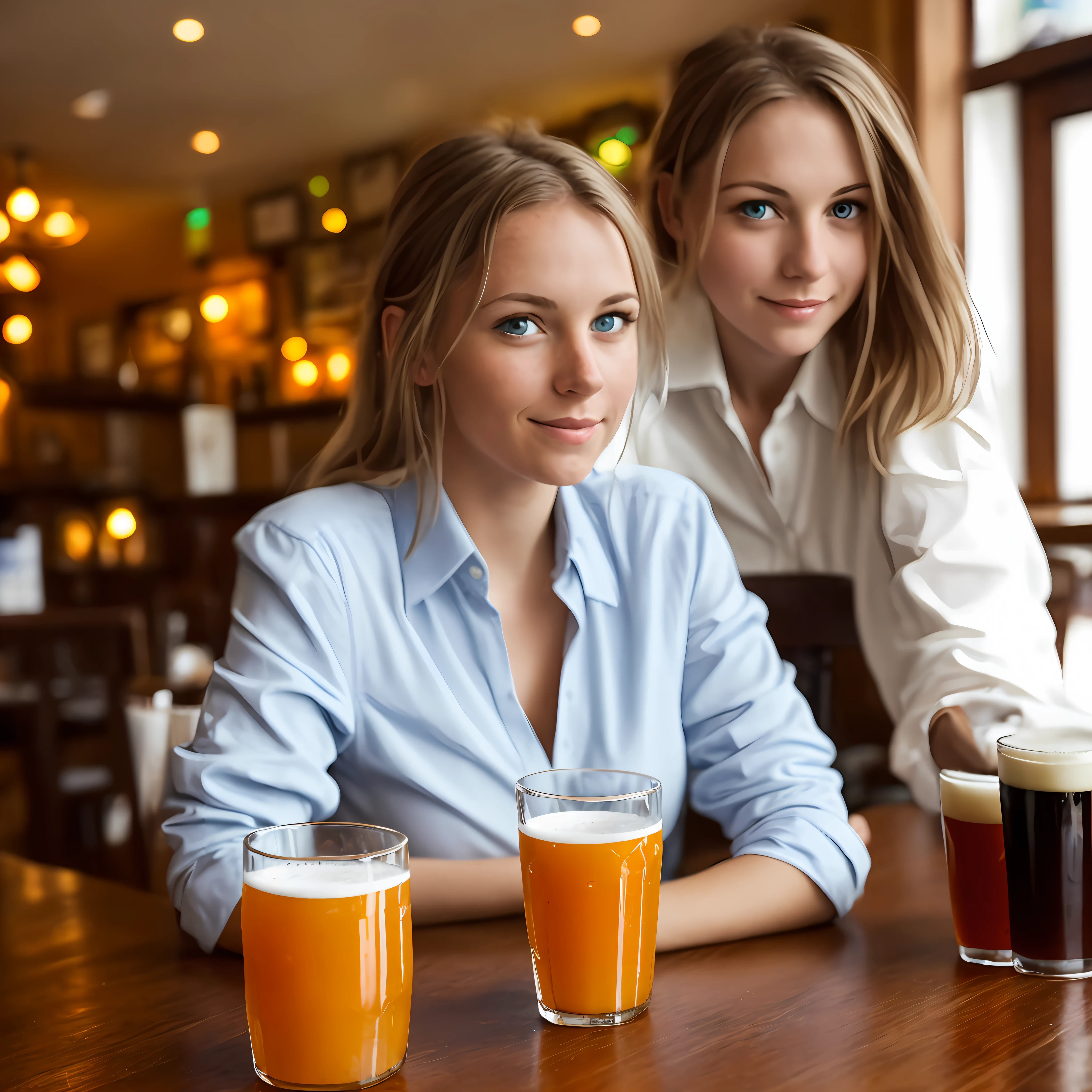 Photo of a German girl in a pub, olhos azuis vestindo uma camisa de colarinho branco, glass of juice and Bible on the table, (8k UHD:1.2), Full Resolution, pele detalhada, fotografia de alta qualidade, Foto RAW