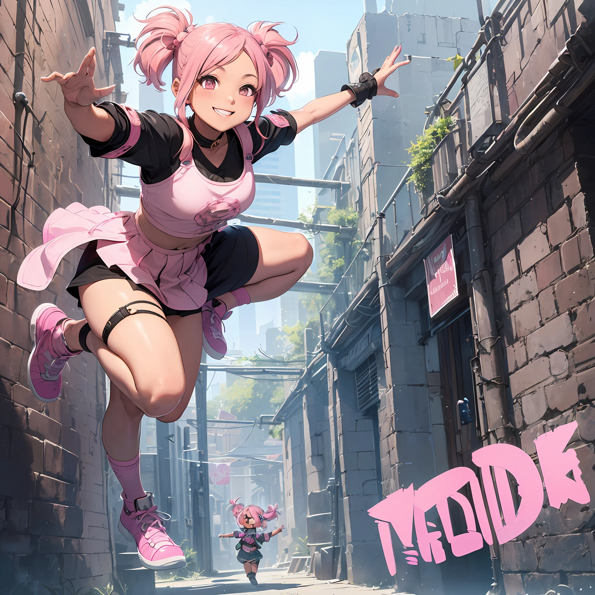 1girl Style chibi girl, highly detailed, intricately detailed, chibi, icon, full body, fat body, fat girl, ((smile, ((pink hair, pigtail, smile)), dungeons and dragons p, dynamic pose, jumping)),black skin,dark skin, --auto