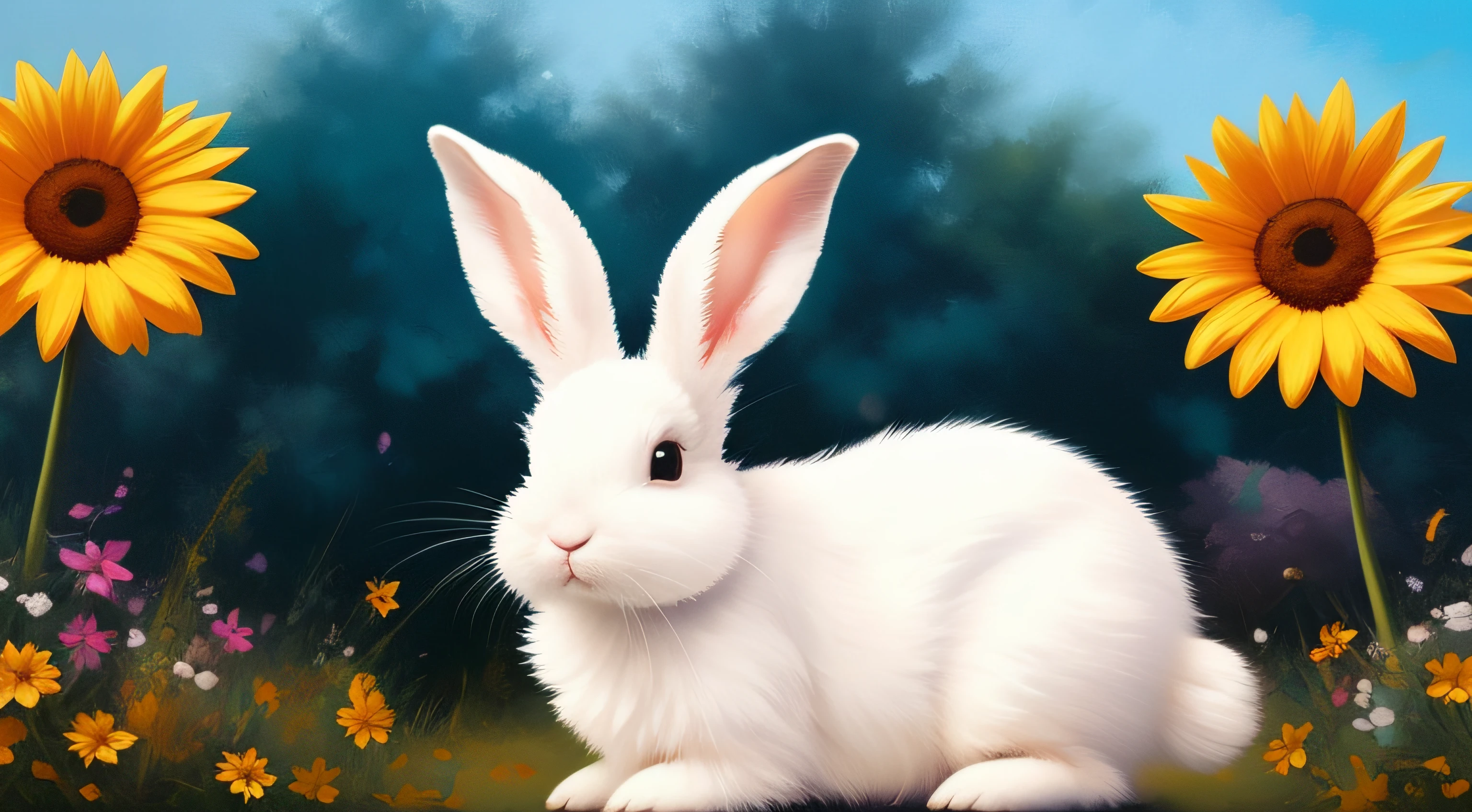 Adorable fluffy rabbit with big ears, sitting on the meadow, blue sky and lush summer forest background, super cute white bunny, hyper detailed, 32k resolution, oil on canvas, oil painting, highest quality, bright, sunny, colorful, summer day, ethereal, wall paper