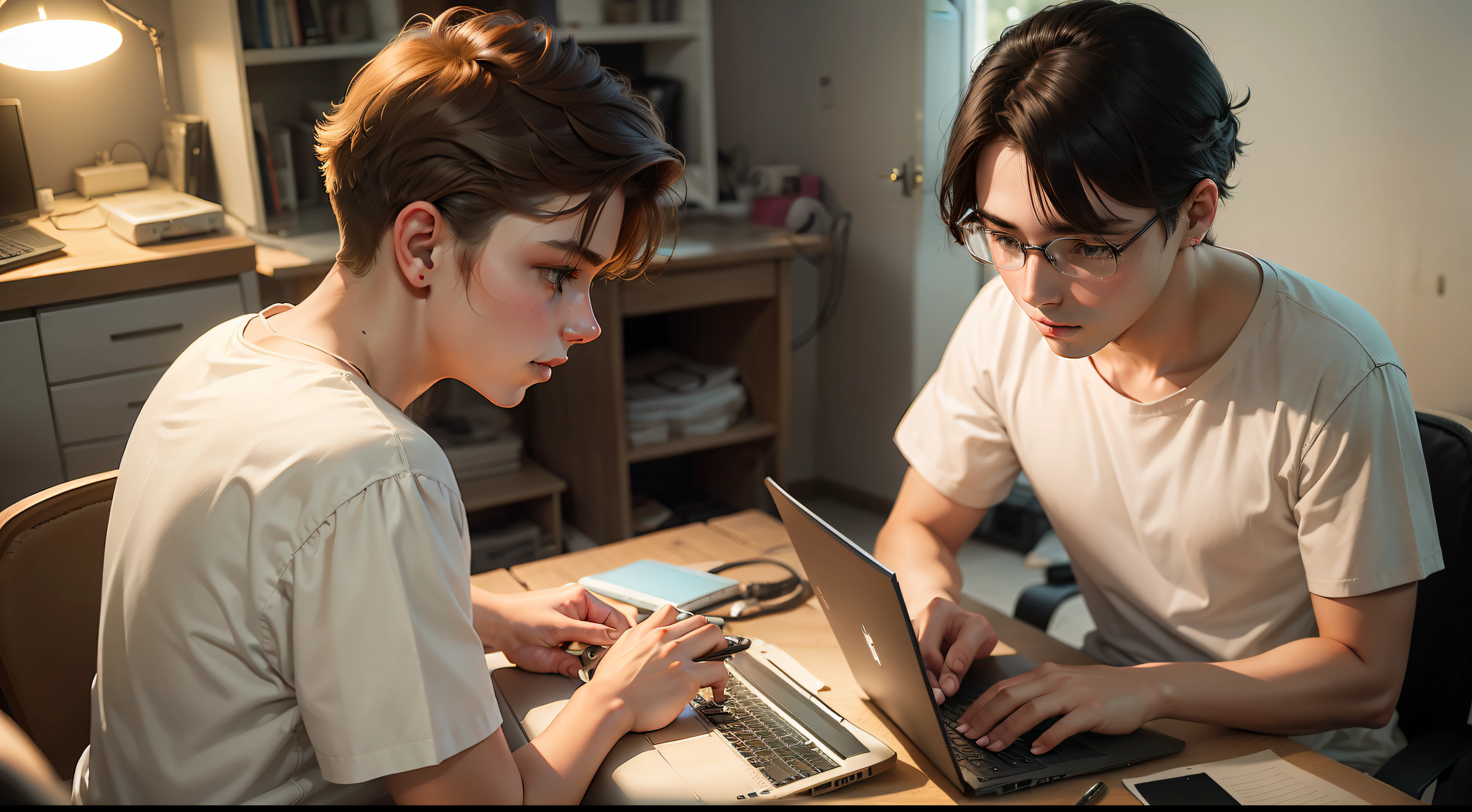 A 20-year-old girl and 26 year old boy working on an old laptop, in a small, dark room.